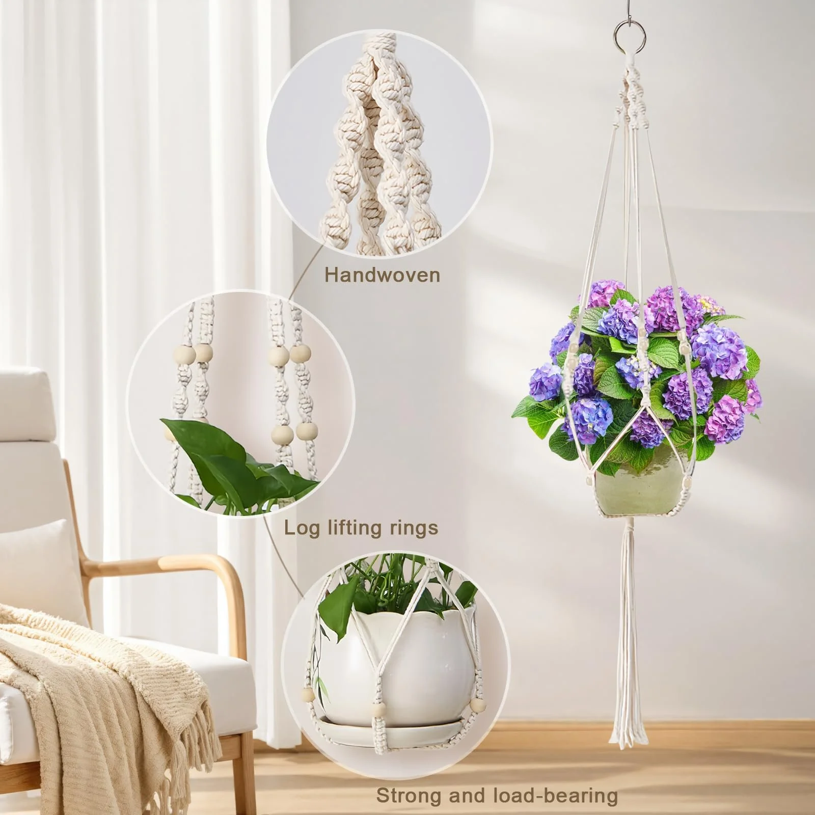 Подвесной кошик макраме набор 2 шт ручное плетение хлопок с 2 крючками, фото №3