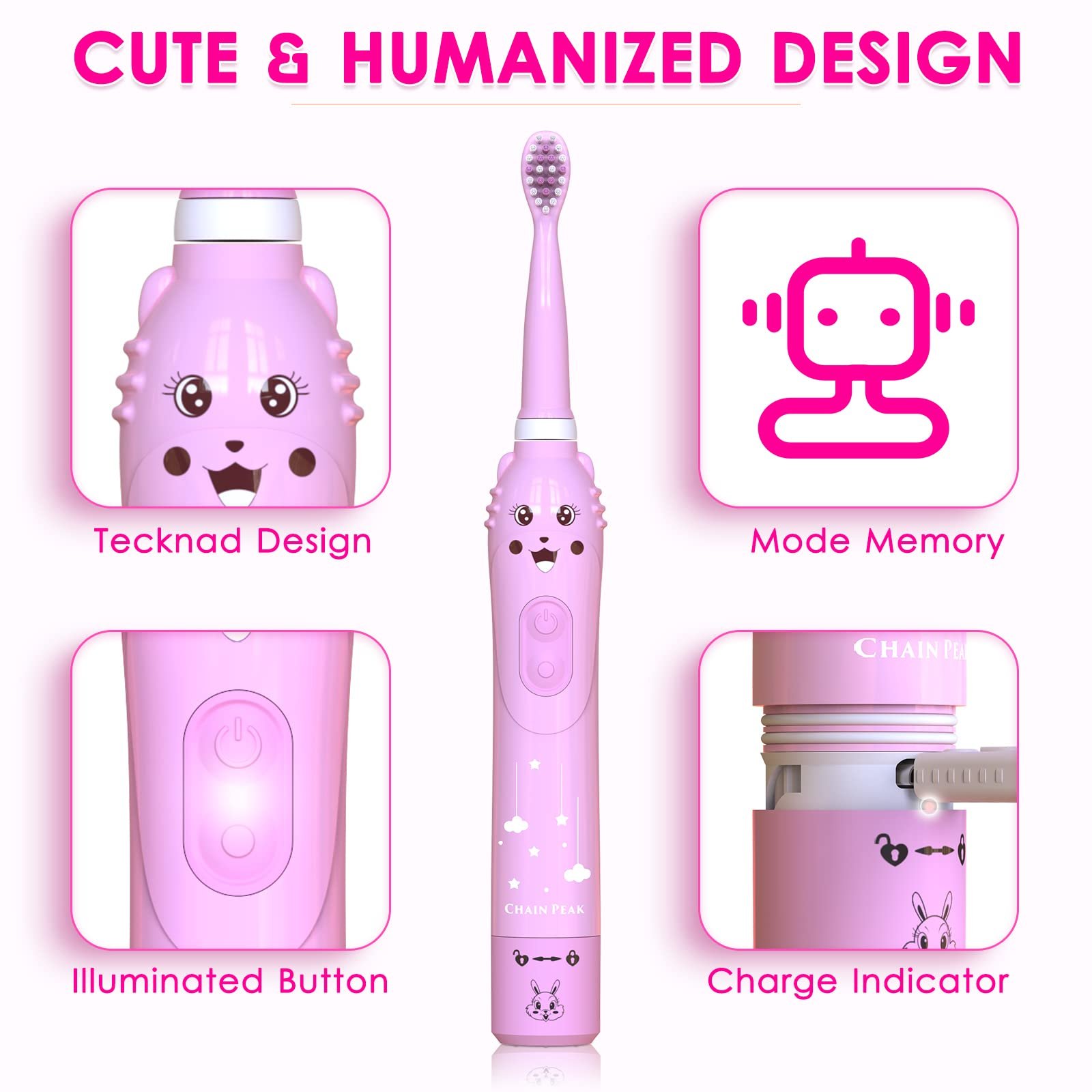 Електрична звукова зубна щітка CHAIN PEAK дитяча 6 режимів, фото №6