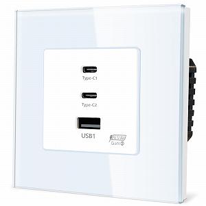 Розетка Schuko TAWOIA, 65 Вт, Type C та USB для швидкої зарядки телефонів, планшетів та ноутбуків, рамка з кришталевого скла, вбудована, USB C, біла, 86 x 86 мм - Фото 1