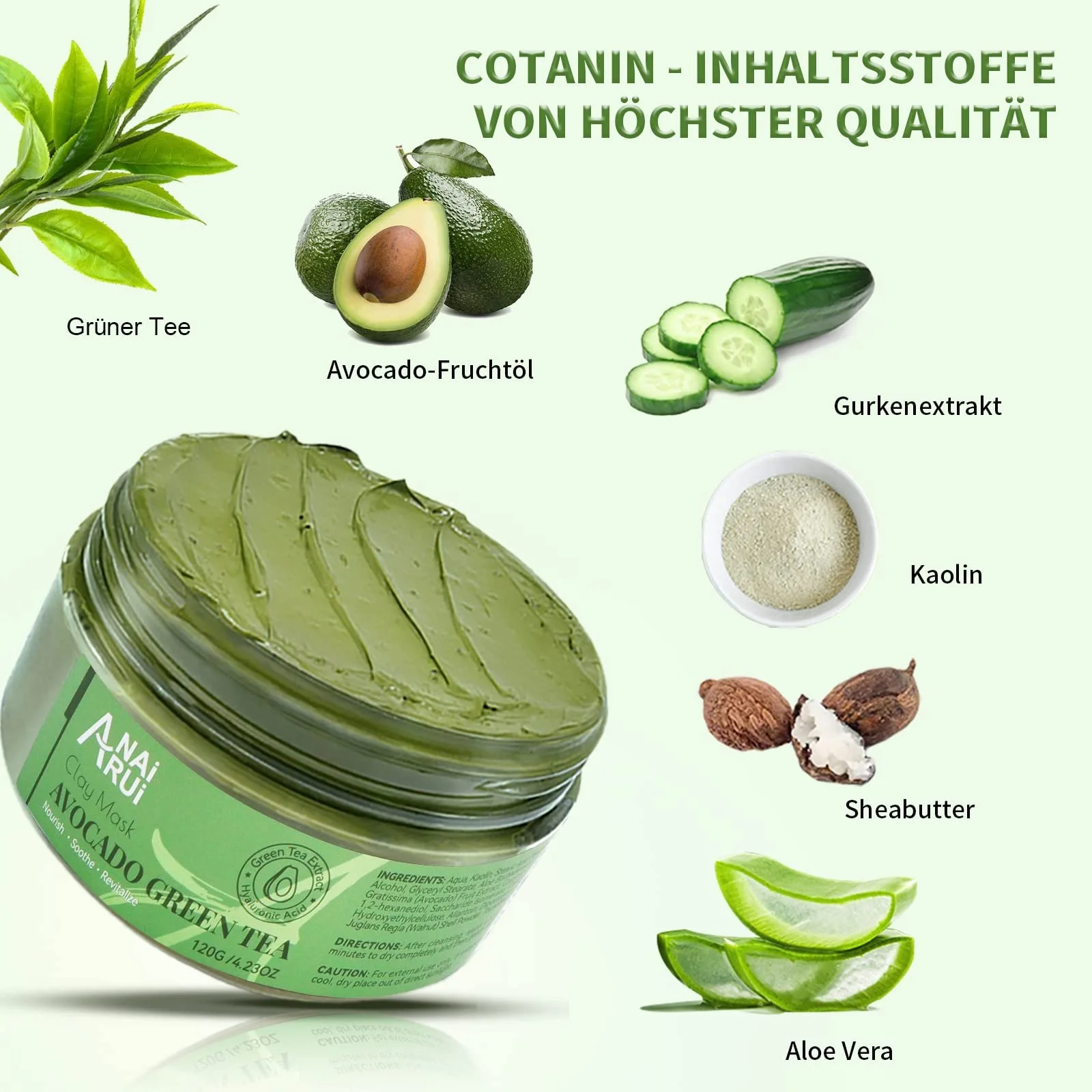 Маска для обличчя глиняна ANAiRUi з авокадо та зеленим чаєм, фото №3