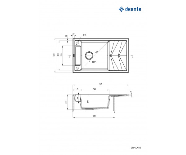 Deante Мийка кухонна Magnetic граніт прямокут з крилом 820х500х219мм чаша 1 накладна чорний матовий, фото №3