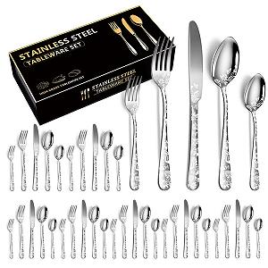 Купить Набор столовых приборов XIAOYU 40 предметов, нержавеющая сталь, уникальный узор, включает обеденные ножи/вилки/ложки, полированный, серебряный - Фото 1 Набор столовых приборов XIAOYU 40 предметов, нержавеющая сталь, уникальный узор, включает обеденные ножи/вилки/ложки, полированный, серебряный - Фото 1