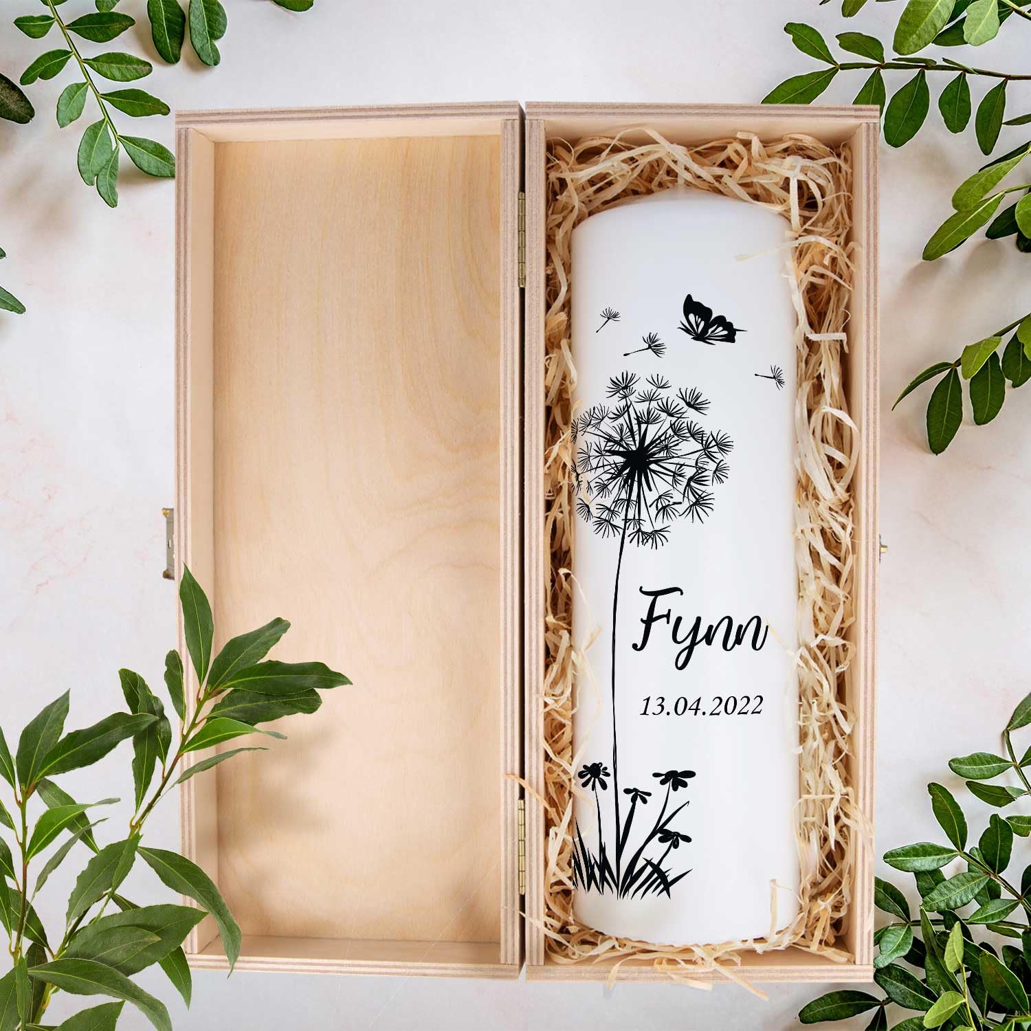 Свічка GRAVURZEILE Children's Funeral Candle Dandelion Butterfly Індивідуальна з ім'ям, датою та бажаним текстом, фото №6