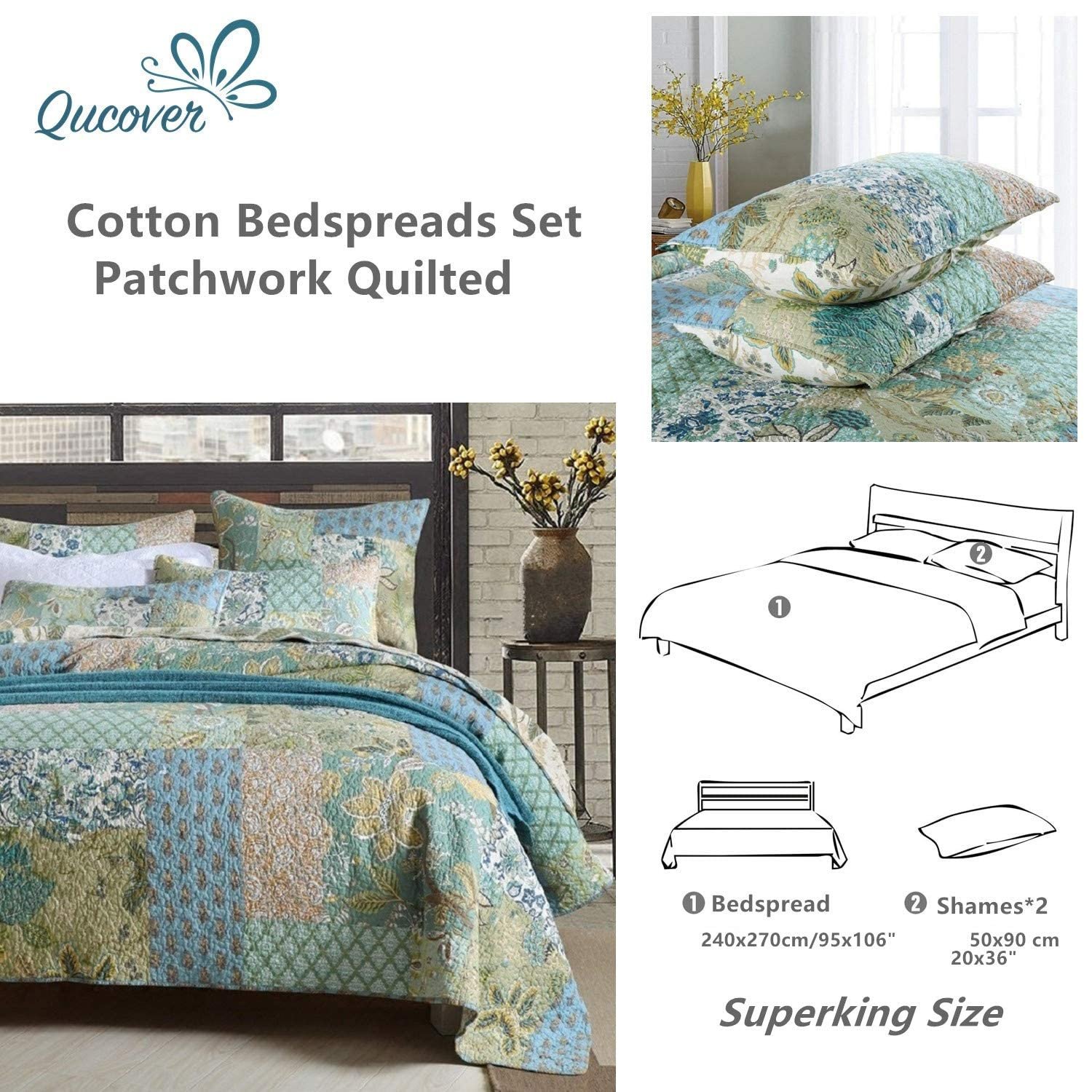 Покрывало лоскутное Qucover 240 x 260 см Хлопковое стеганое одеяло в винтажном стиле для двуспальной кровати Двусторонний дизайн с 2 наволочками, фото №3 Покрывало лоскутное Qucover 240 x 260 см Хлопковое стеганое одеяло в винтажном стиле для двуспальной кровати Двусторонний дизайн с 2 наволочками, фото №3