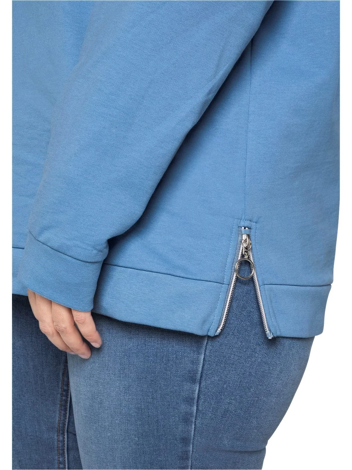 Женский свитшот большого размера Sheego Basic Fashion с боковыми молниями, спортивная круглая горловина, фото №3