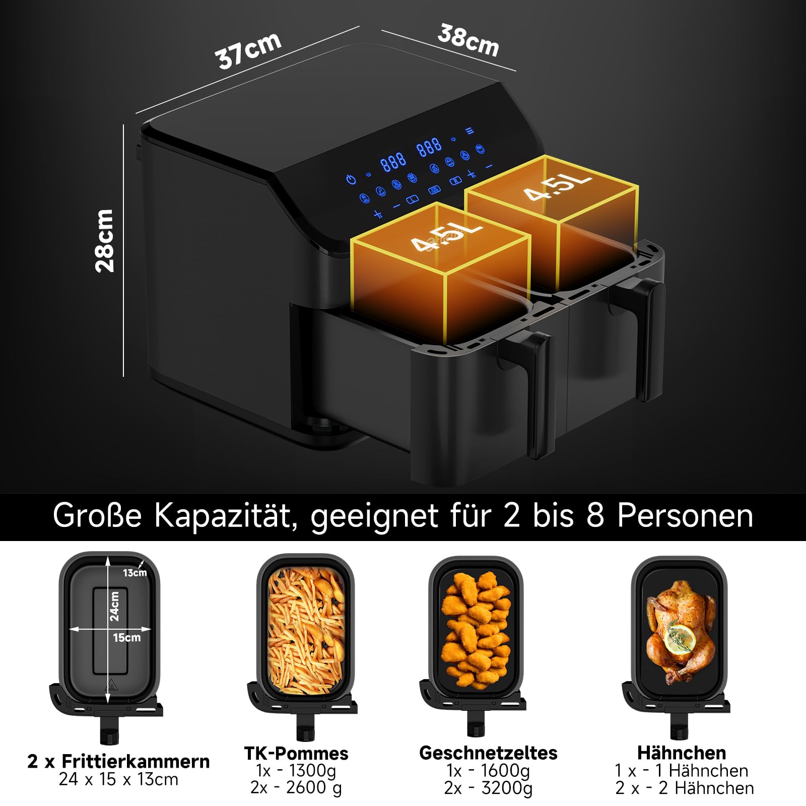 Фритюрница горячего воздуха Scheffler 2 камеры 9 л (2 x 4,5 л) 2000 Вт с двумя отделениями Double Cook & Sync Finish 8 программ сенсорный экран фритюрница XXL без масла, фото №4