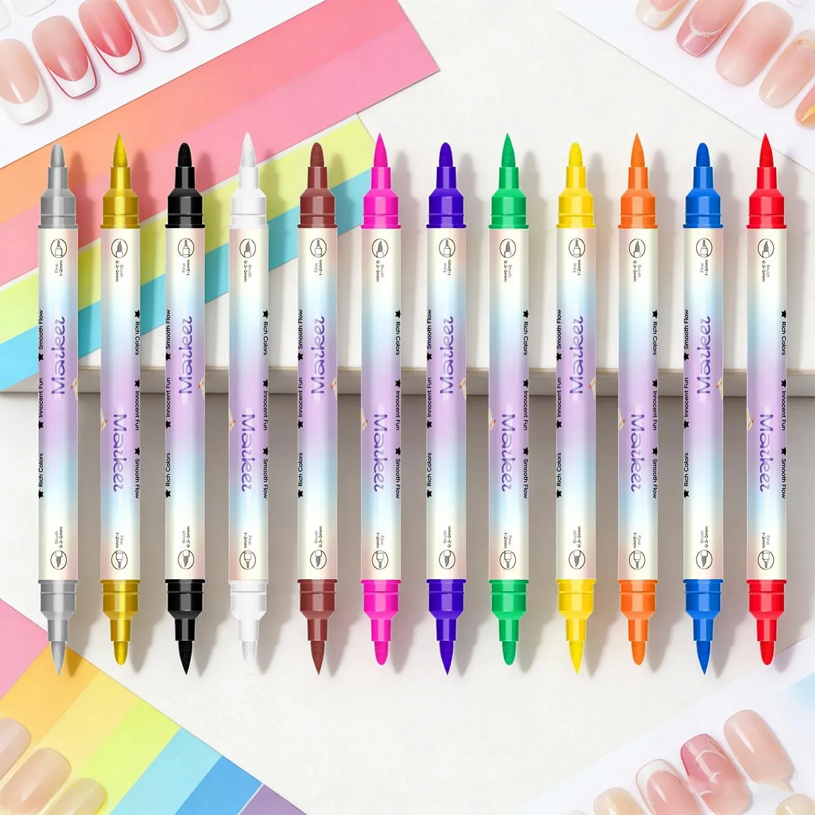 Маркеры для лака для ногтей Nagellack-Marker 12 цветов На водной основе Двусторонние, фото №3