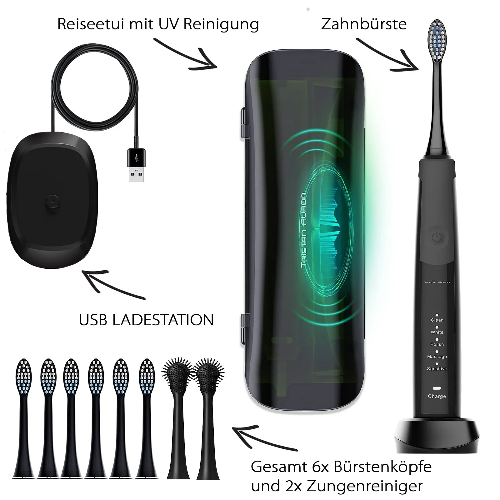 Электрическая звуковая зубная щетка Tristan Auron SonicMaster 55,000 VPM 5 режимов Black, фото №8