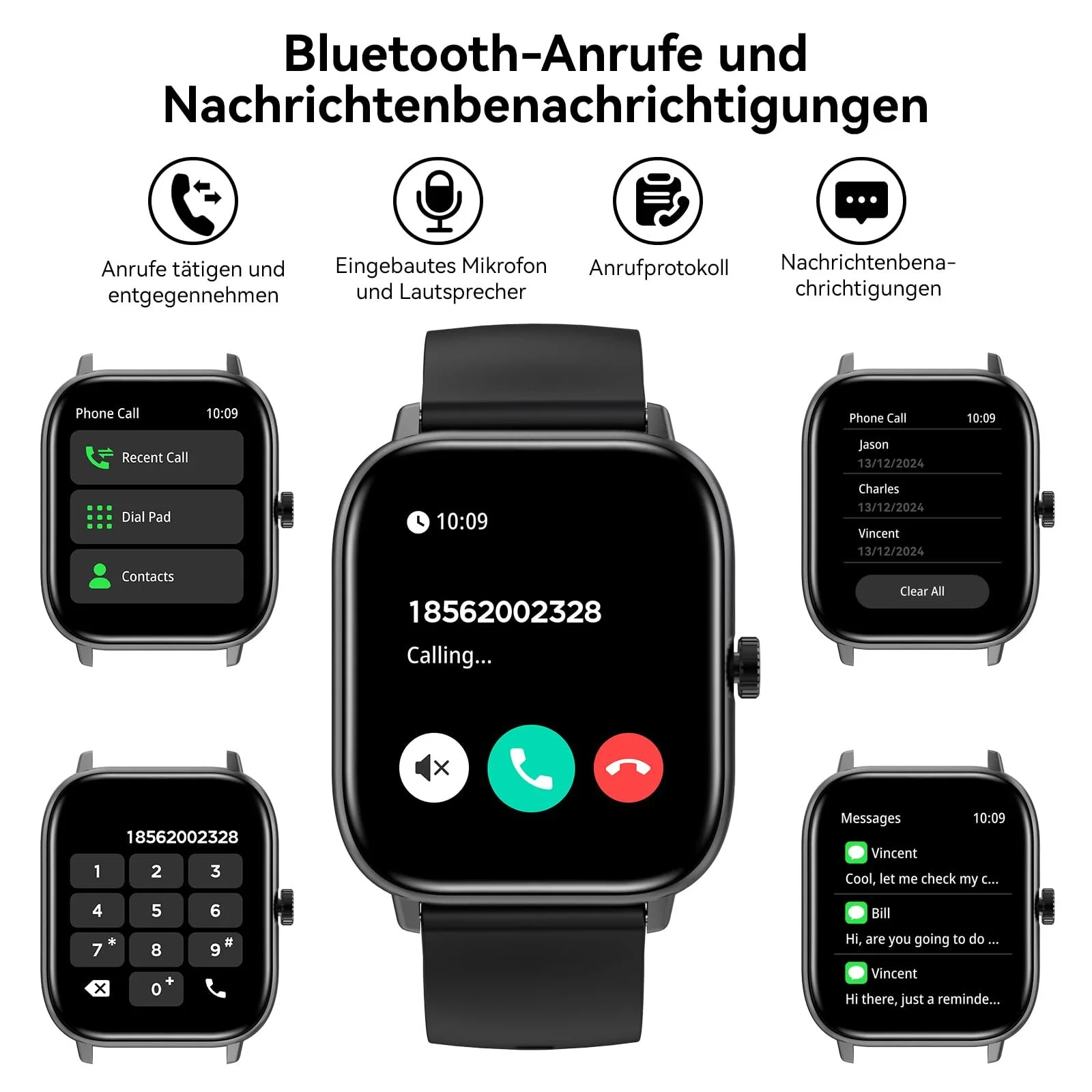 Смартгодинник Bebinca Жіночий / Чоловічий з функцією телефону, 1,85 дюймовий HD квадратний сенсорний екран, фото №2