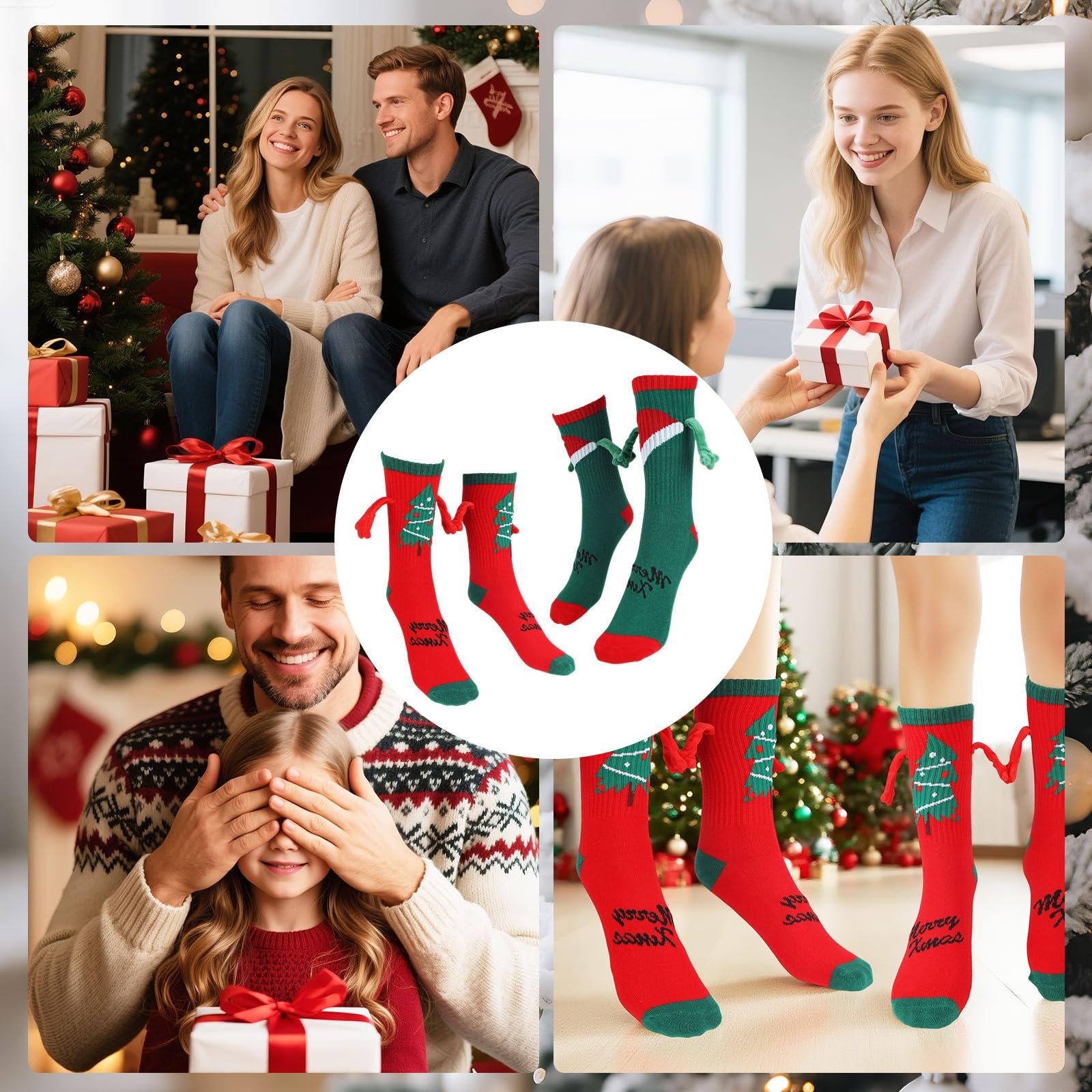 Носки Рождественские 2 пары, узор Руки, Шапка Санты и Ёлка, Магнитные носки для мужчин и женщин, праздничные для пар, фото №7