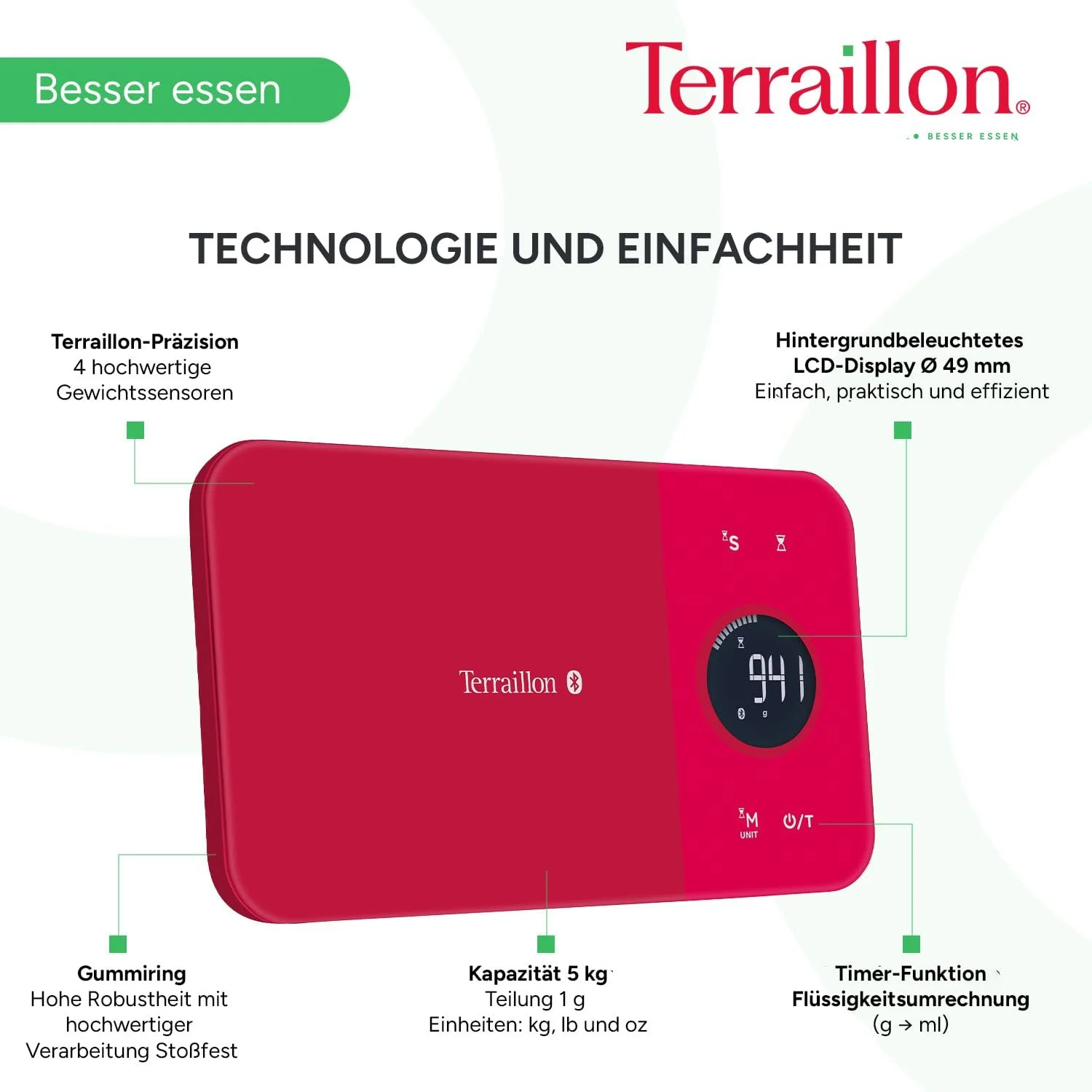 Кухонні ваги Terraillon NutriTab 5 kg Bluetooth Smart Журавлинний червоний, фото №6 Кухонні ваги Terraillon NutriTab 5 kg Bluetooth Smart Журавлинний червоний, фото №6