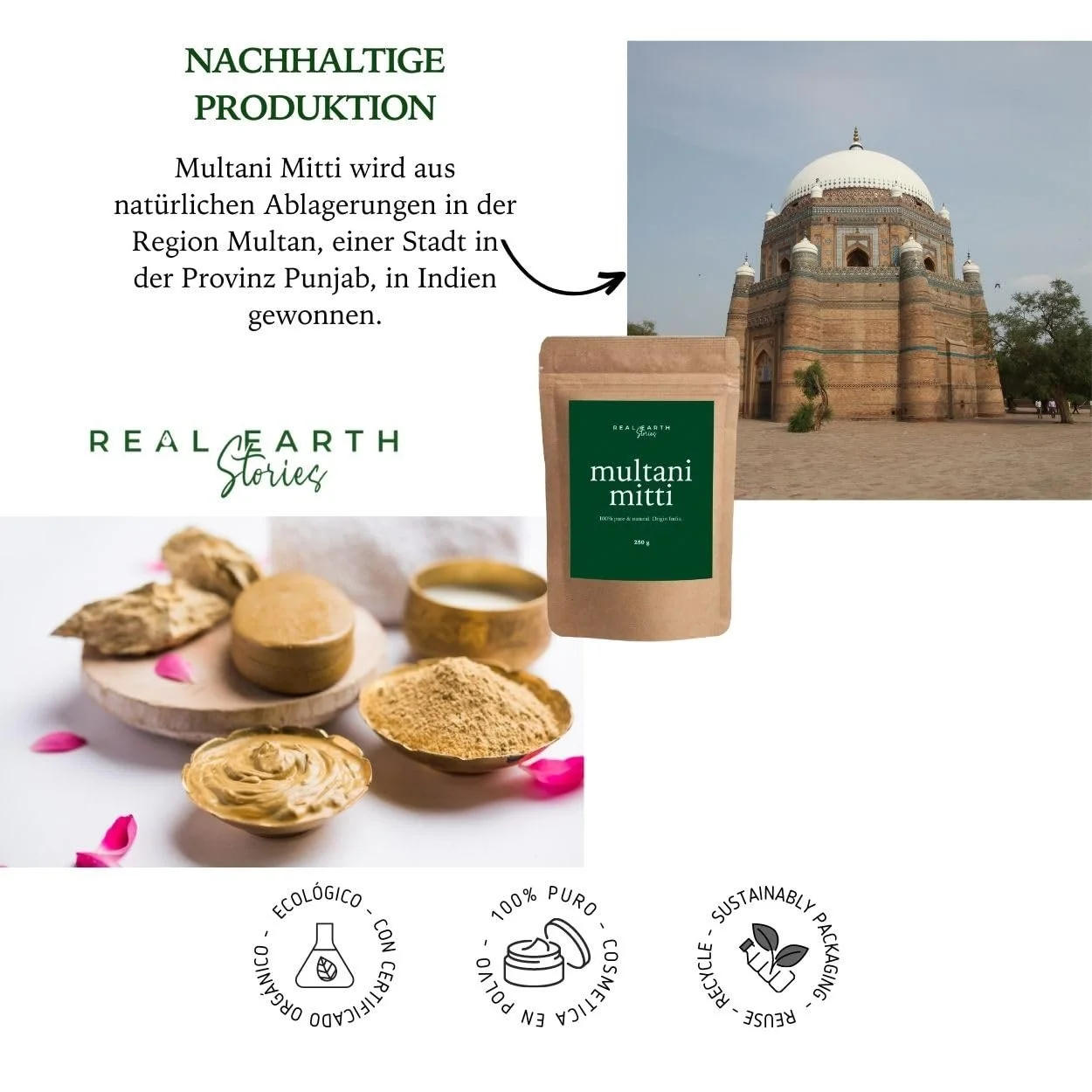 Маска для обличчя та волосся Real Earth Stories Multani Mitti, 250 г, фото №6