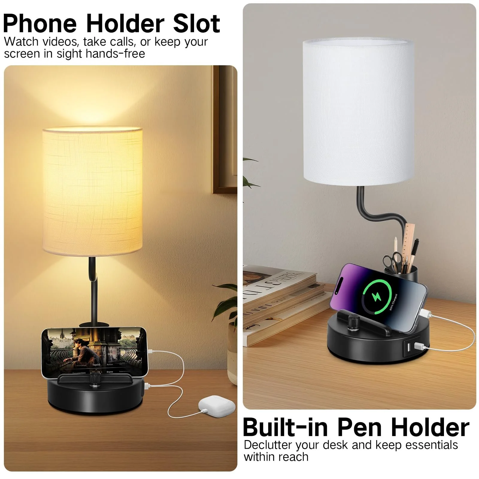 Настільні лампи OUTON набір 2 шт керамічні з USB-A та USB-C 2700K тримач для телефону та ручок Чорна, фото №4