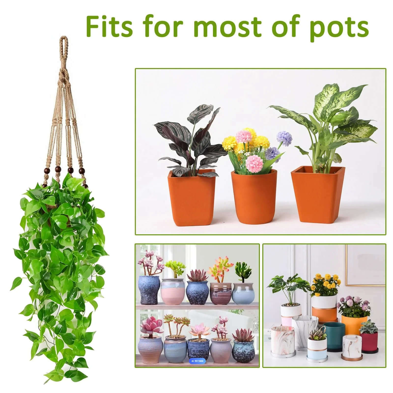 Кашпо підвісне Apstaqeoo з джутової мотузки з дерев'яними намистинами та S-подібним гачком, фото №3 Кашпо підвісне Apstaqeoo з джутової мотузки з дерев'яними намистинами та S-подібним гачком, фото №3