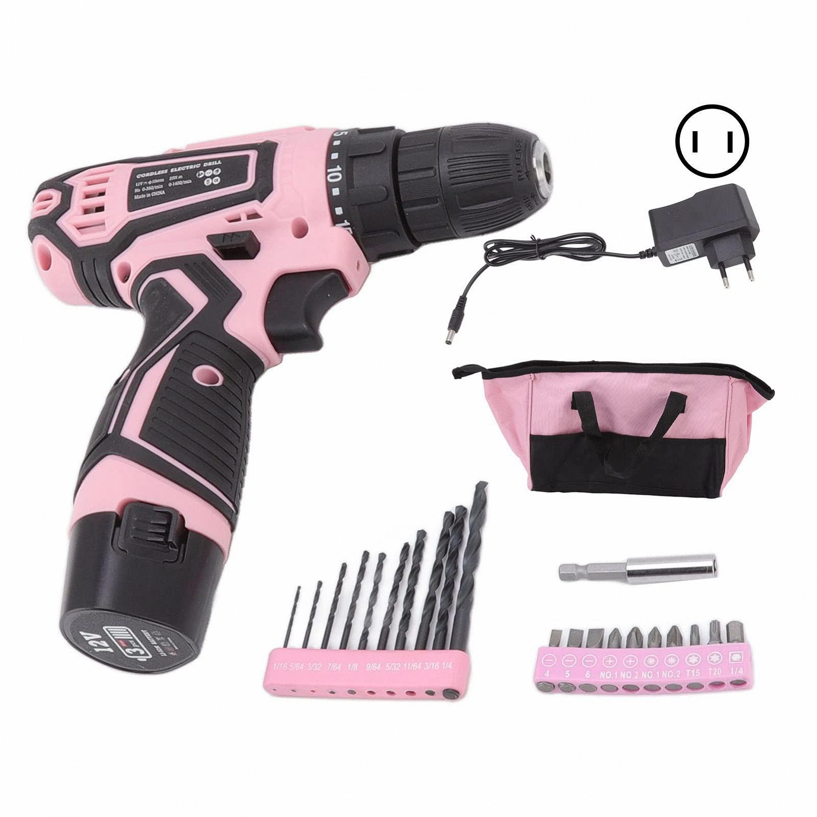 Набор дрелей Asixxsix Cordless Drill Set Перезаряжаемый 12V Электрический Инструмент с 20 сверлами Зарядное устройство Сумка для хранения Беспроводной Легкий Розовый (EU), фото №2