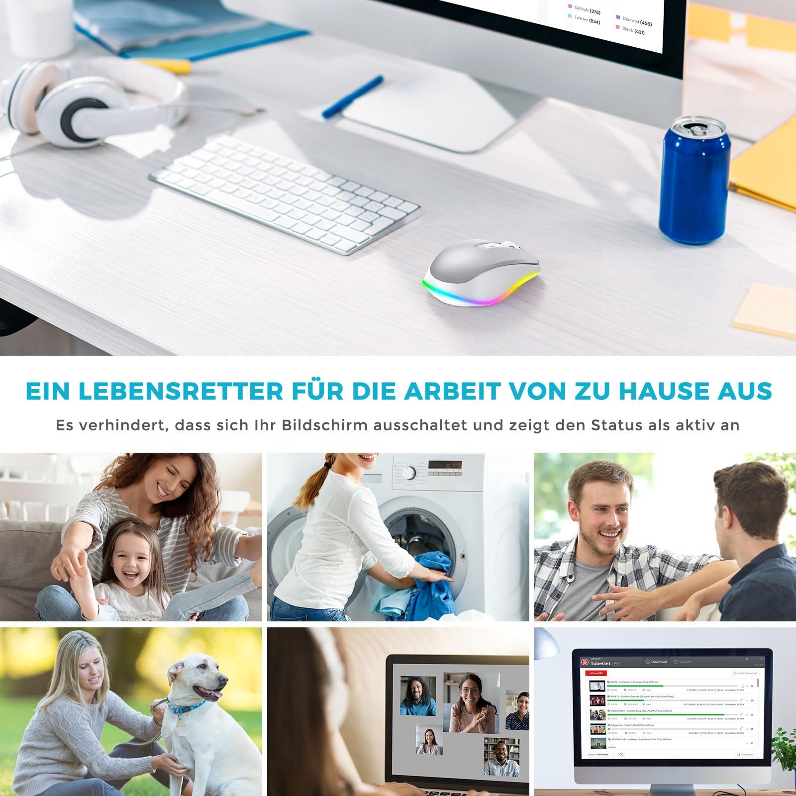 Мышь беспроводная Seenda, LED, перезаряжаемая, с Mouse Jiggler, тихая, 2.4G USB, 2000 DPI, белая, фото №7