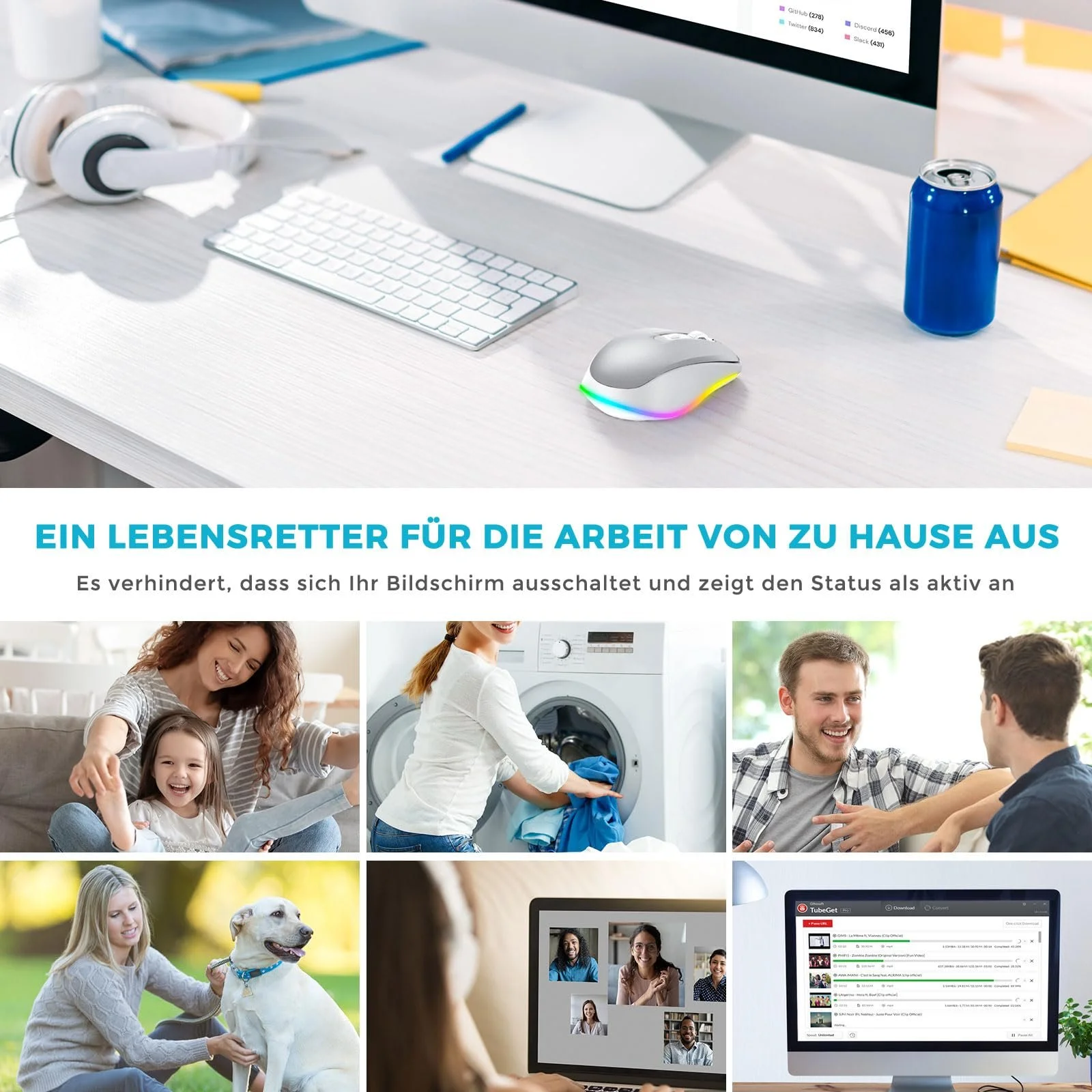 Мышь беспроводная Seenda, LED, перезаряжаемая, с Mouse Jiggler, тихая, 2.4G USB, 2000 DPI, белая, фото №7