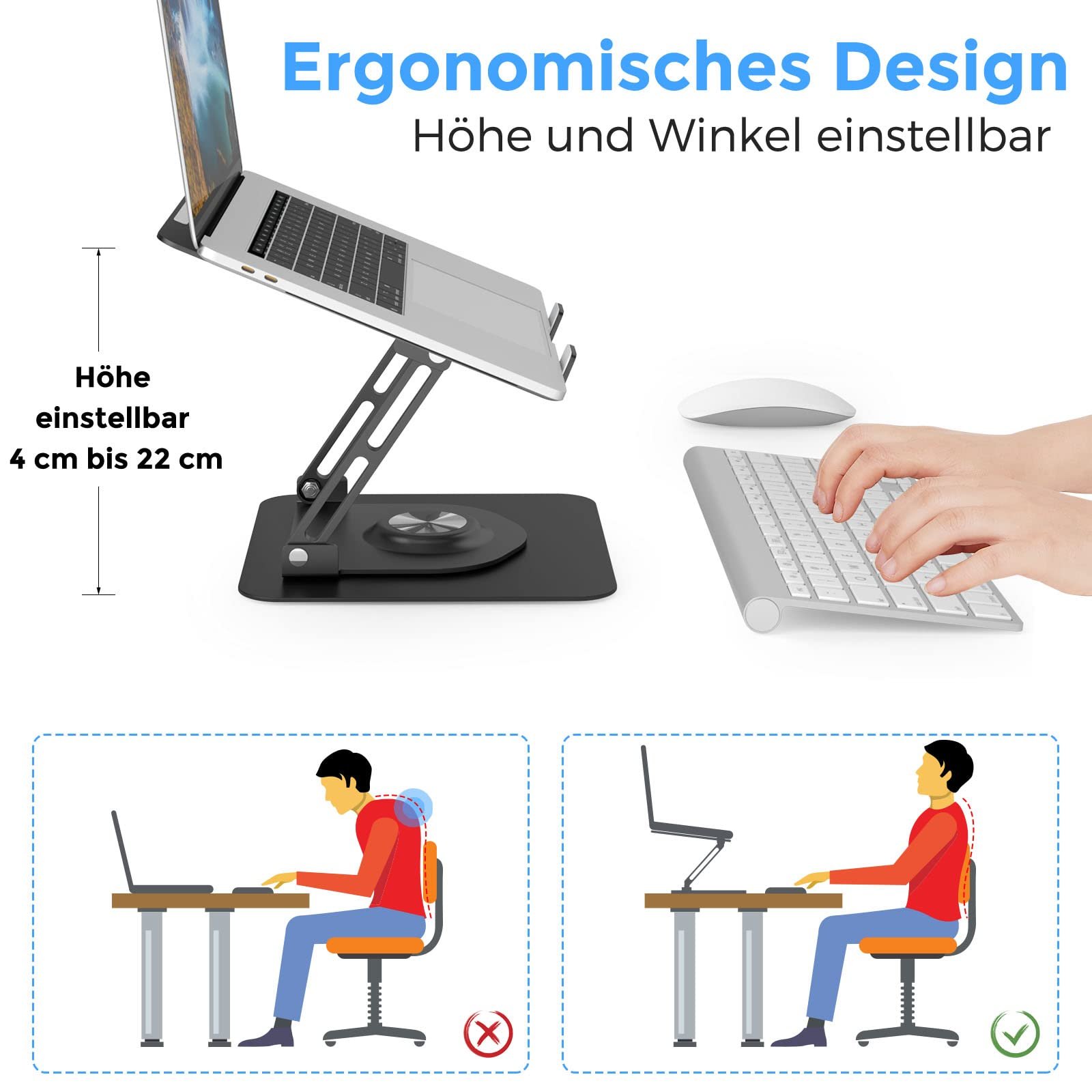 Подставка для ноутбука с вращающимся на 3600 круглым основанием, эргономичная подставка для ноутбука с регулировкой высоты, вентилируемая подставка для компьютера, складной прочный алюминиевый держатель для ноутбука для стола, фото №6