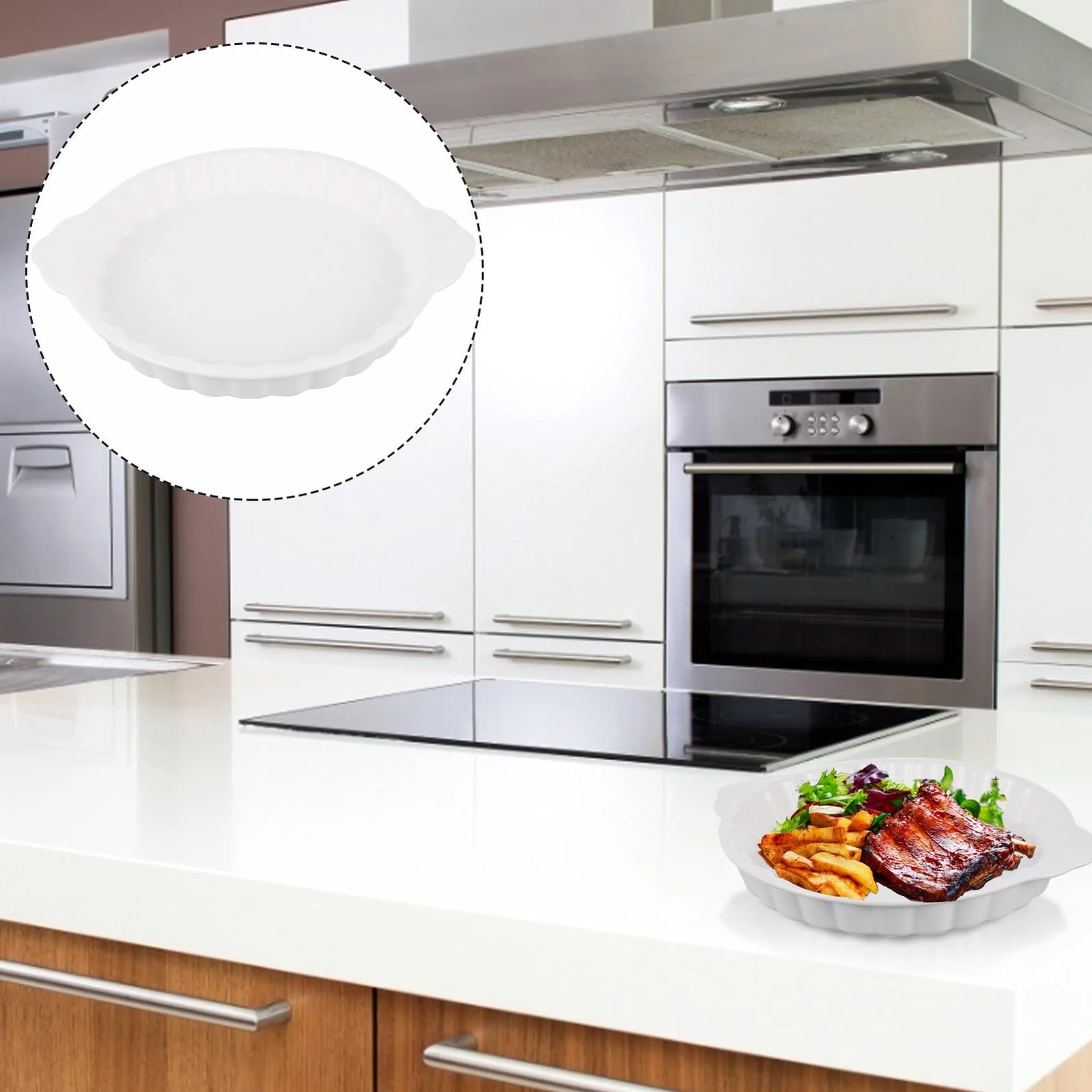 Форма для запекания керамическая Круглая с термостойкими ручками, закругленными краями и глянцевой поверхностью Белая, фото №3