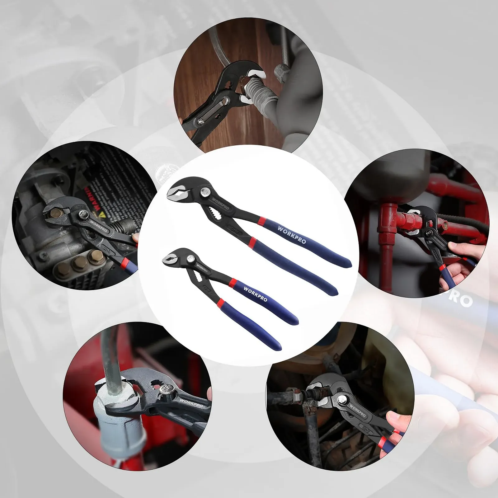 Набор плоскогубцев для водяного насоса WORKPRO 2 шт 180 мм и 250 мм Быстро регулируемые ручки для шланга Скользящее соединение с большой емкостью челюсти и нескользящей ручкой, фото №7