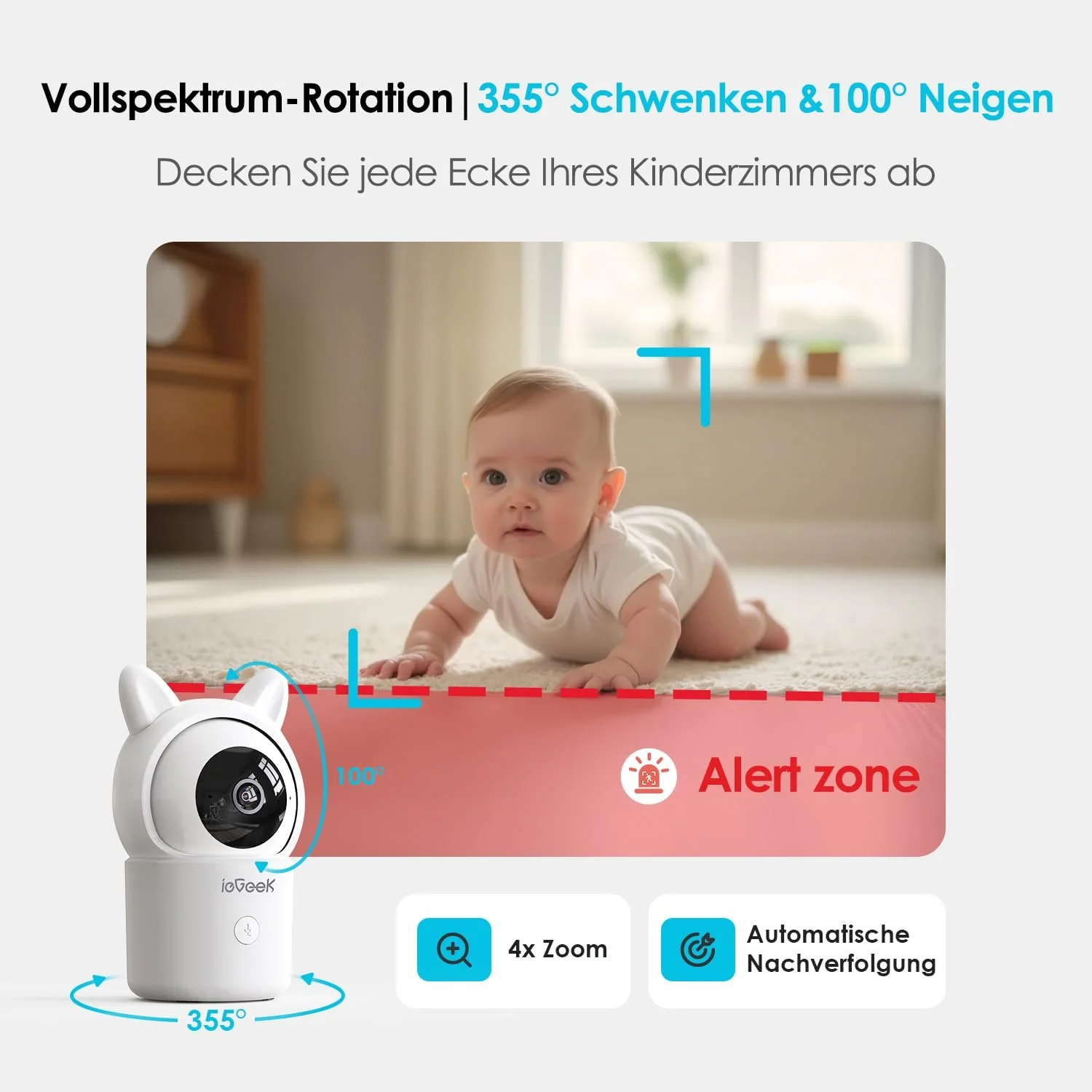Відеоняня ieGeek 1080P WiFi 5 дюймів PTZ 355° 4-кратний зум Датчик руху/шуму Датчик температури та вологості Нічне бачення, фото №4