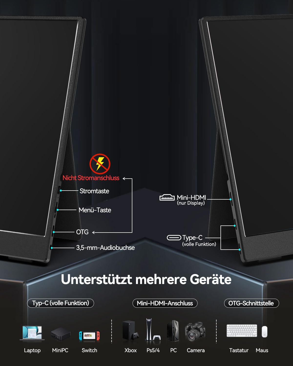 Монітор Intehill F13NA Переносний OLED 13.3 дюйма FHD Екран Час відгуку 1мс Яскраві кольори 10біт 100% DCI-P3 для ноутбука/Mac/PS3/4/5/Samsung Dex, фото №4