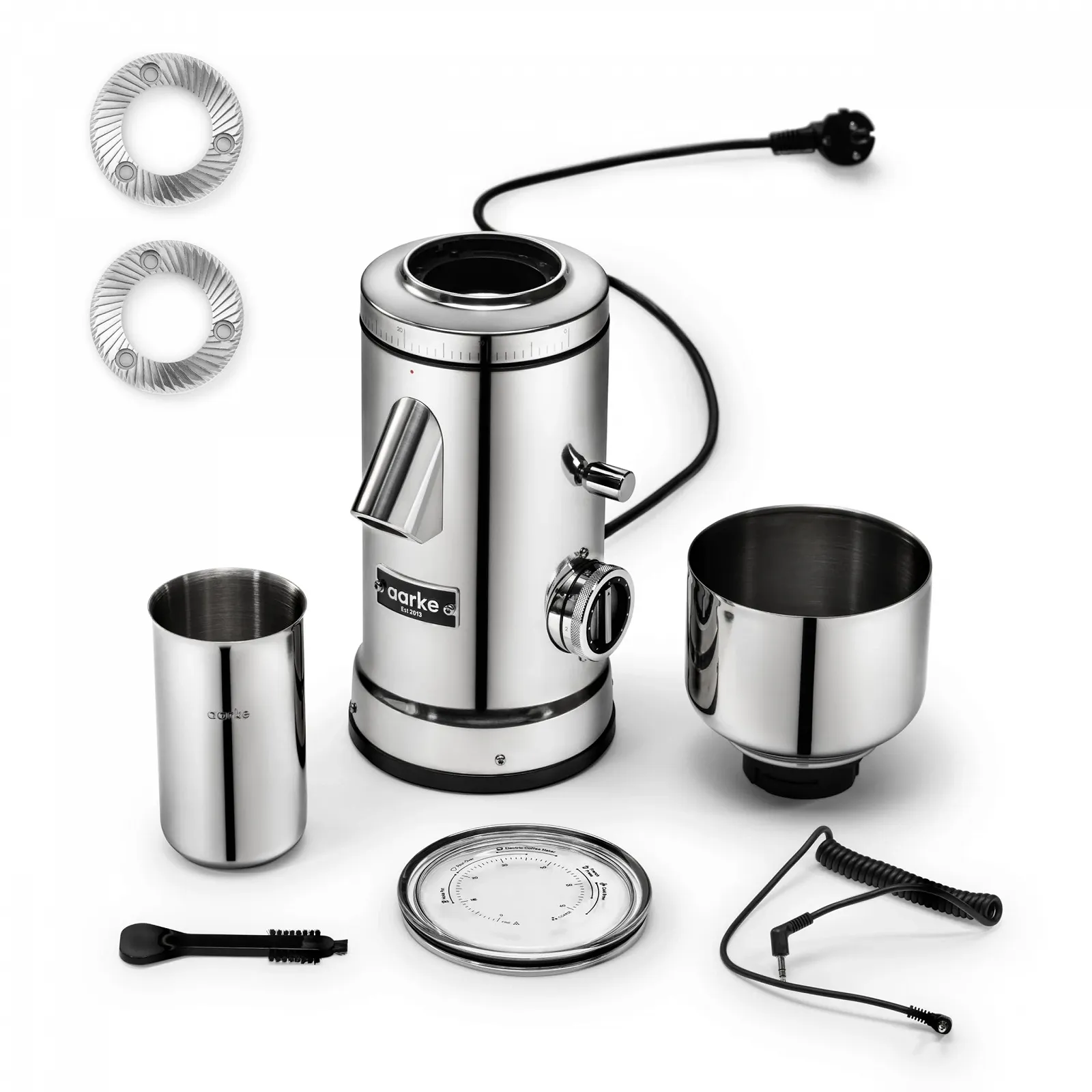 Електрична кавомолка Aarke Сталь з нержавіючої сталі з регульованим ступенем помелу, 64 мм диски, автоматичне дозування та функція пам'яті для еспресо, фільтра та колд брю, фото №7 Електрична кавомолка Aarke Сталь з нержавіючої сталі з регульованим ступенем помелу, 64 мм диски, автоматичне дозування та функція пам'яті для еспресо, фільтра та колд брю, фото №7