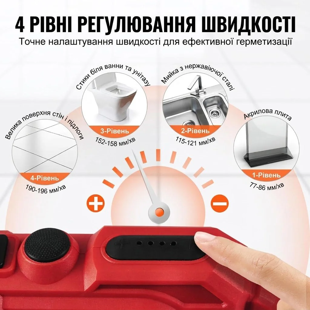 Аккумуляторный пистолет для картриджей VEVOR 20 Вт / 300 мл / до 270 кг / 4 скорости / Красный, фото №3 Аккумуляторный пистолет для картриджей VEVOR 20 Вт / 300 мл / до 270 кг / 4 скорости / Красный, фото №3