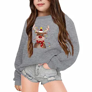 Кофта для девочки с рождественским узором, с длинными рукавами, осенняя и зимняя, с круглым вырезом, флисовая - Фото 1