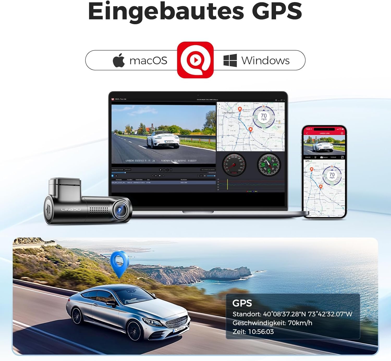 Відеореєстратор Lingdu D500 / 4К / 170° / GPS / Wi-Fi / 128ГБ вбудованої пам'яті / Чорний, фото №4