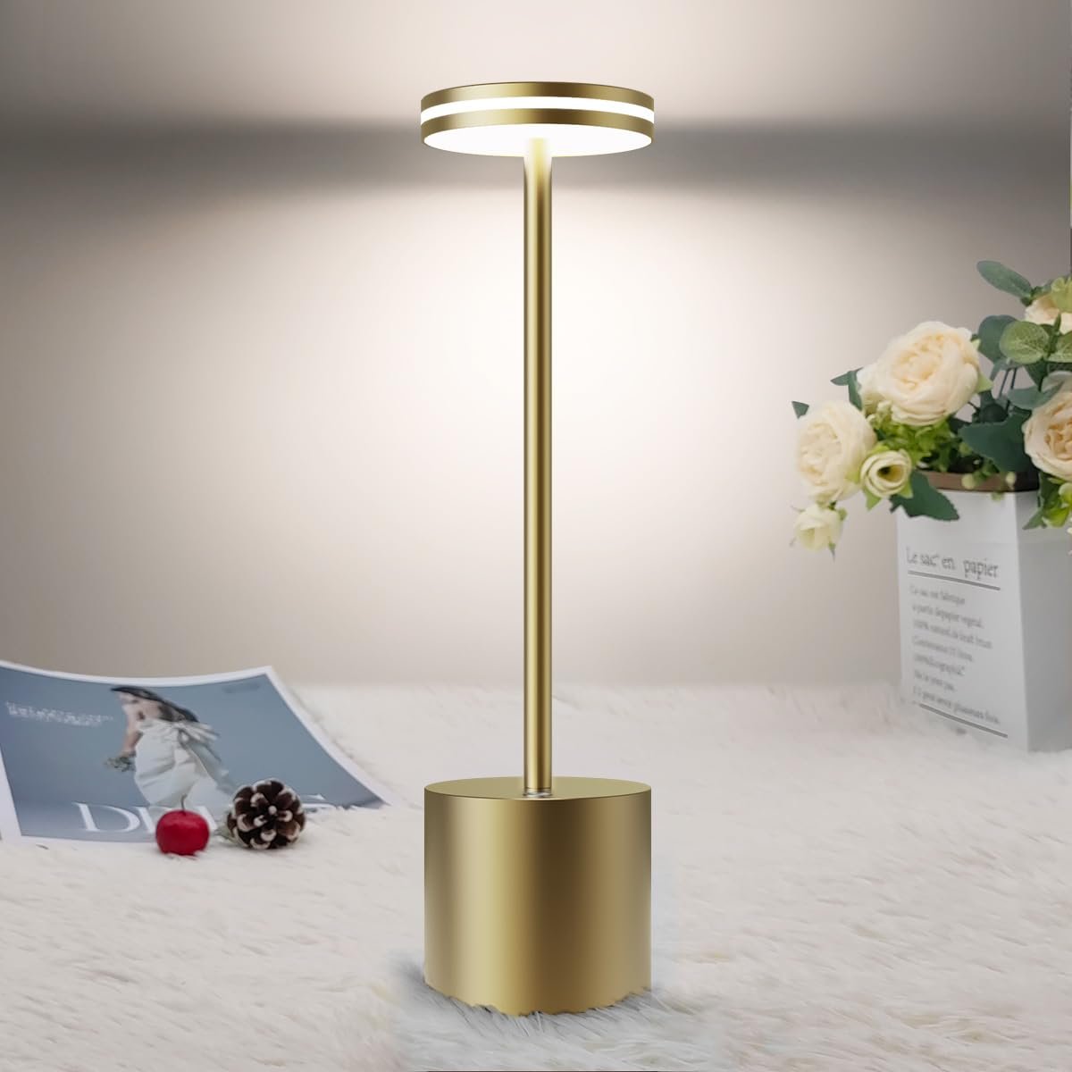 Настільна лампа LED 5000 mAh Бездротова Акумуляторна з регулюванням яскравості 3 колірні температури USB Сенсорна Бронза, фото №1