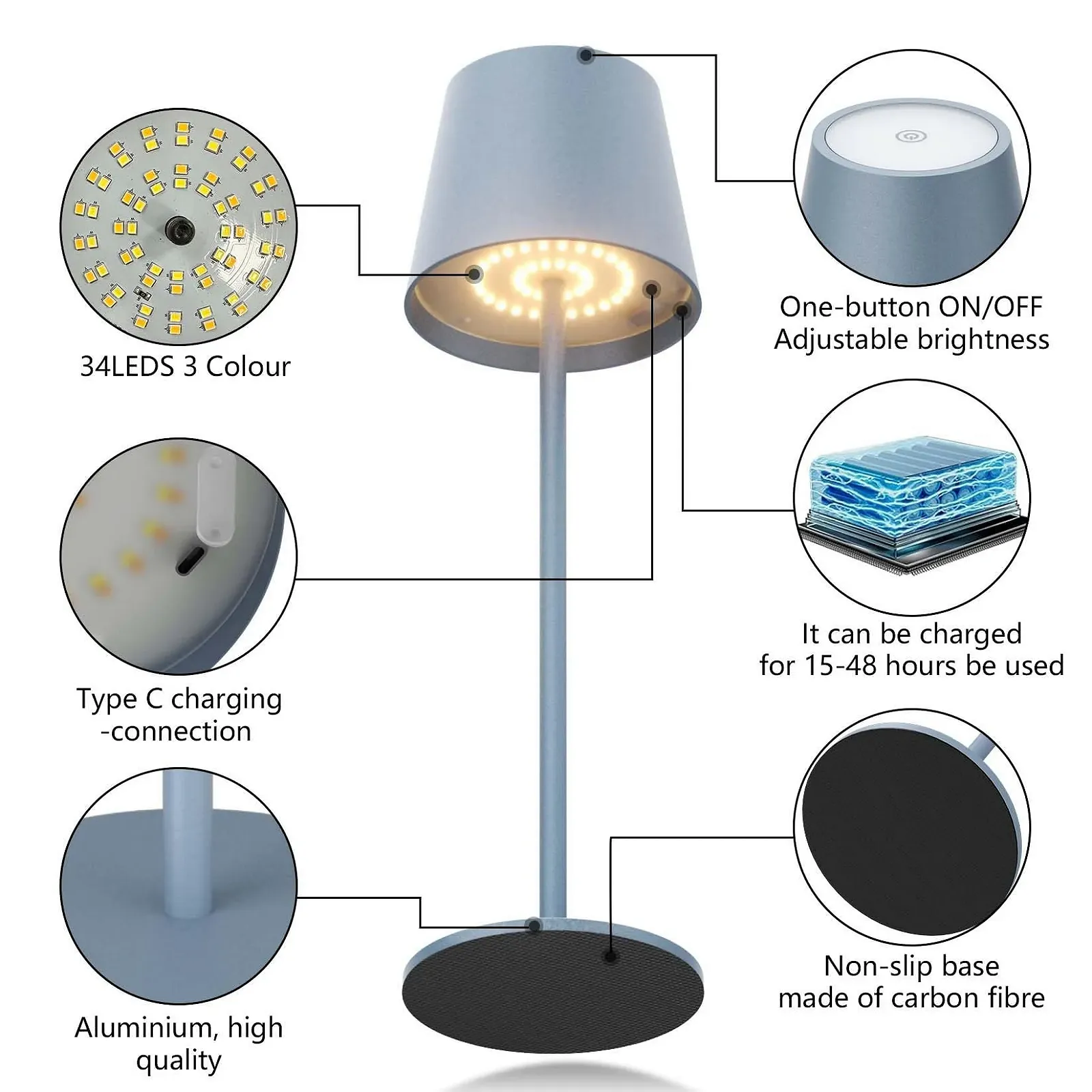 Настільна лампа Aipsun (Набір із 2 шт.) акумуляторна LED 6000 mAh бездротова IP54 синя, фото №3