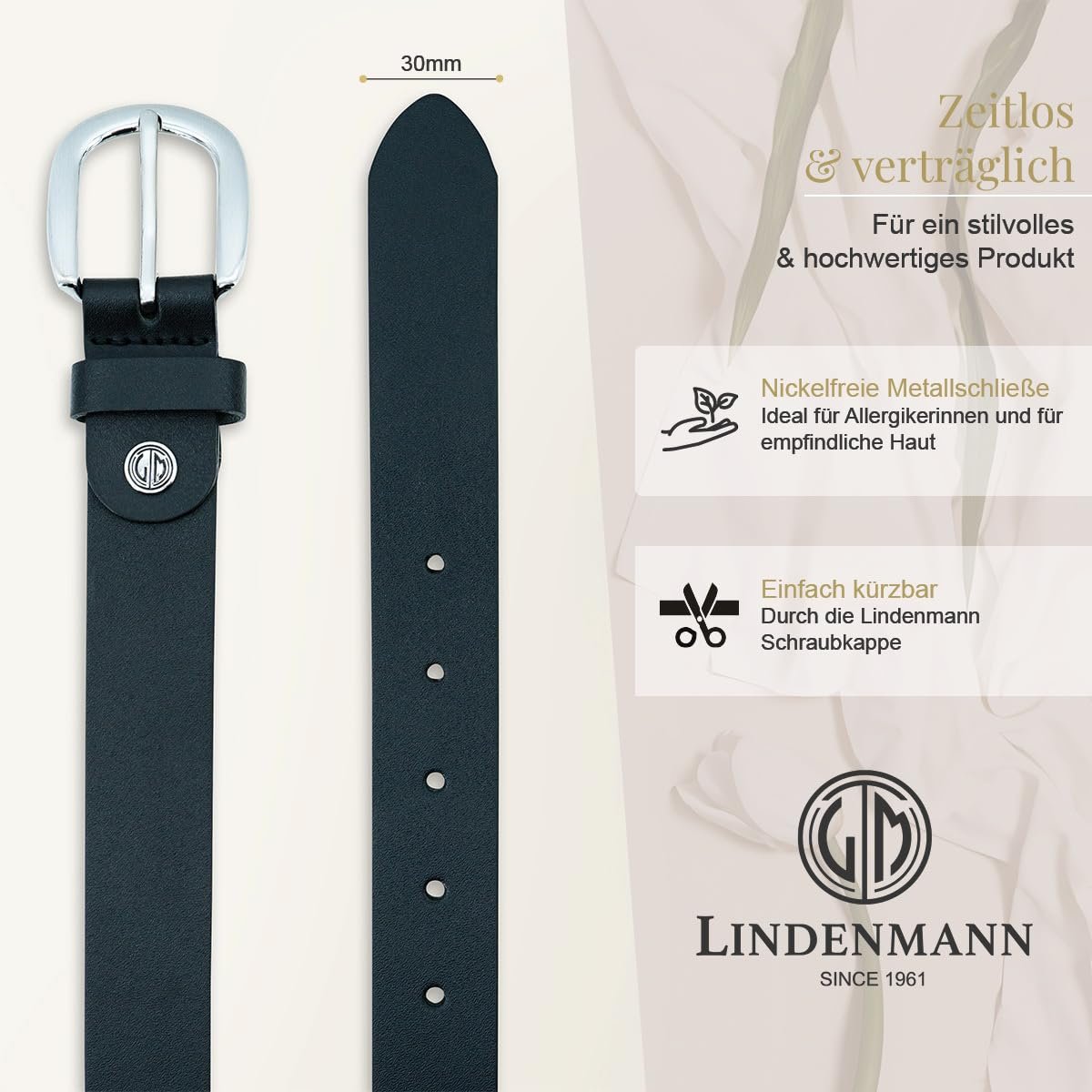 Женский кожаный ремень LINDENMANN 30 мм, полностью из коровьей кожи, черный, фото №3