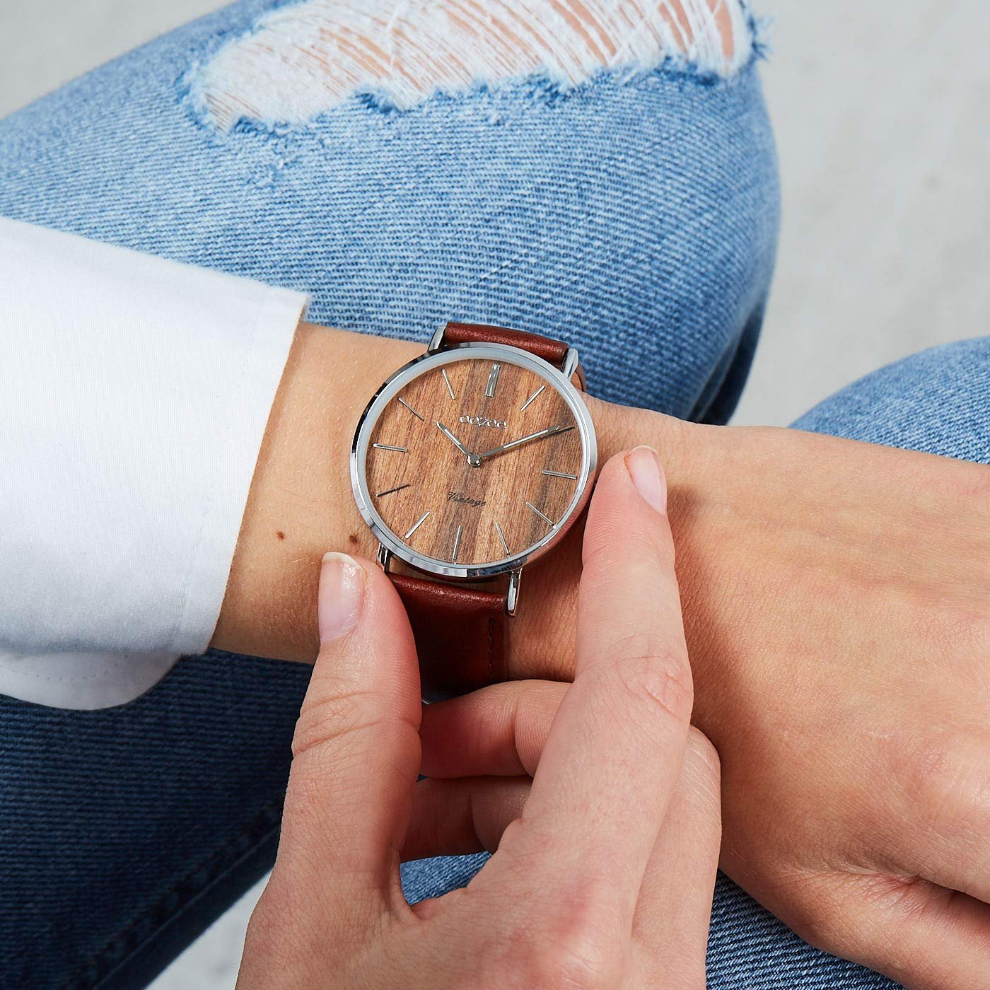 Годинник жіночий Oozoo Flat Vintage з дерев'яним циферблатом і шкіряним ремінцем 40 мм, фото №2