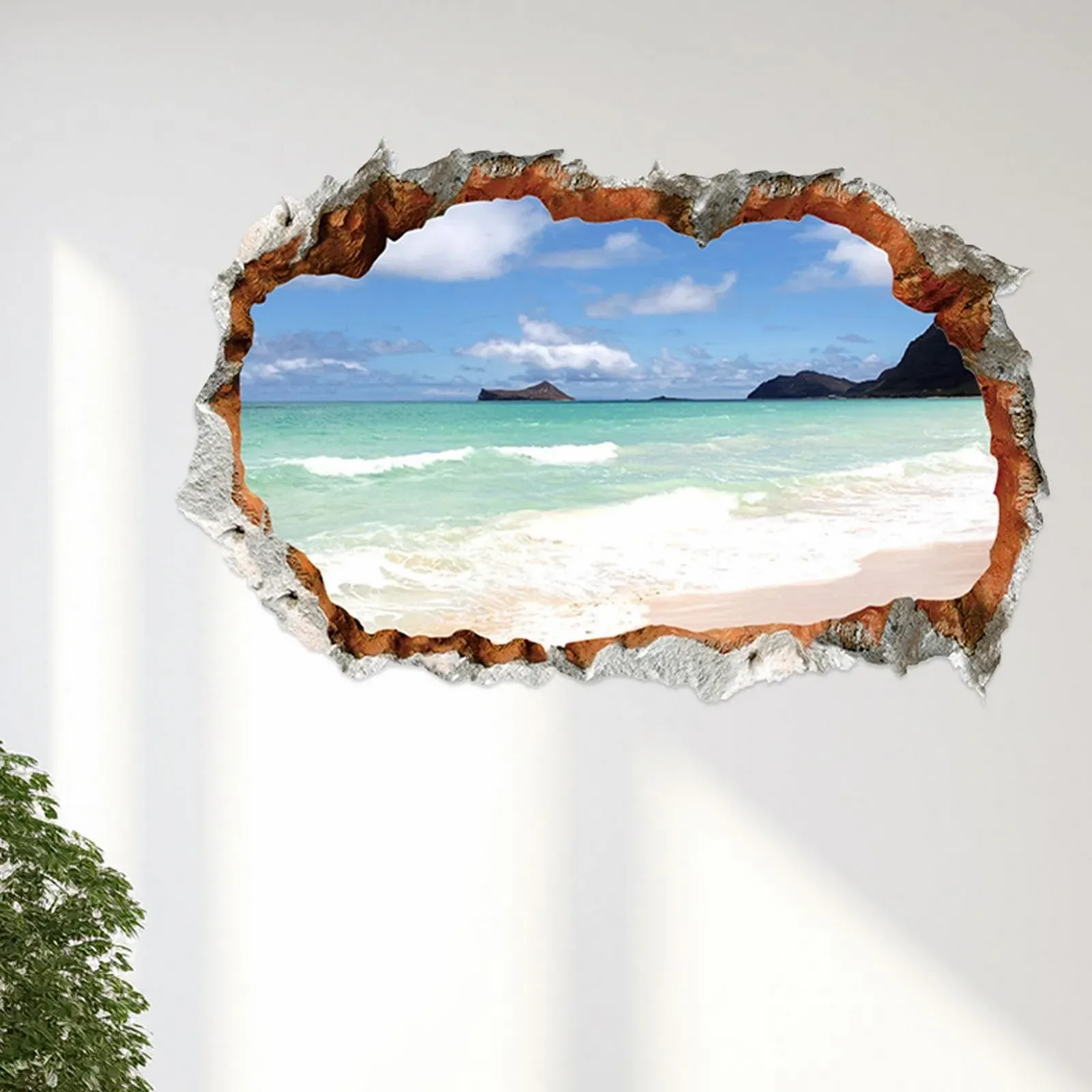 Наклейка на стіну Пляжна сцена 3D ефект розбитої стіни для спальні, фото №3