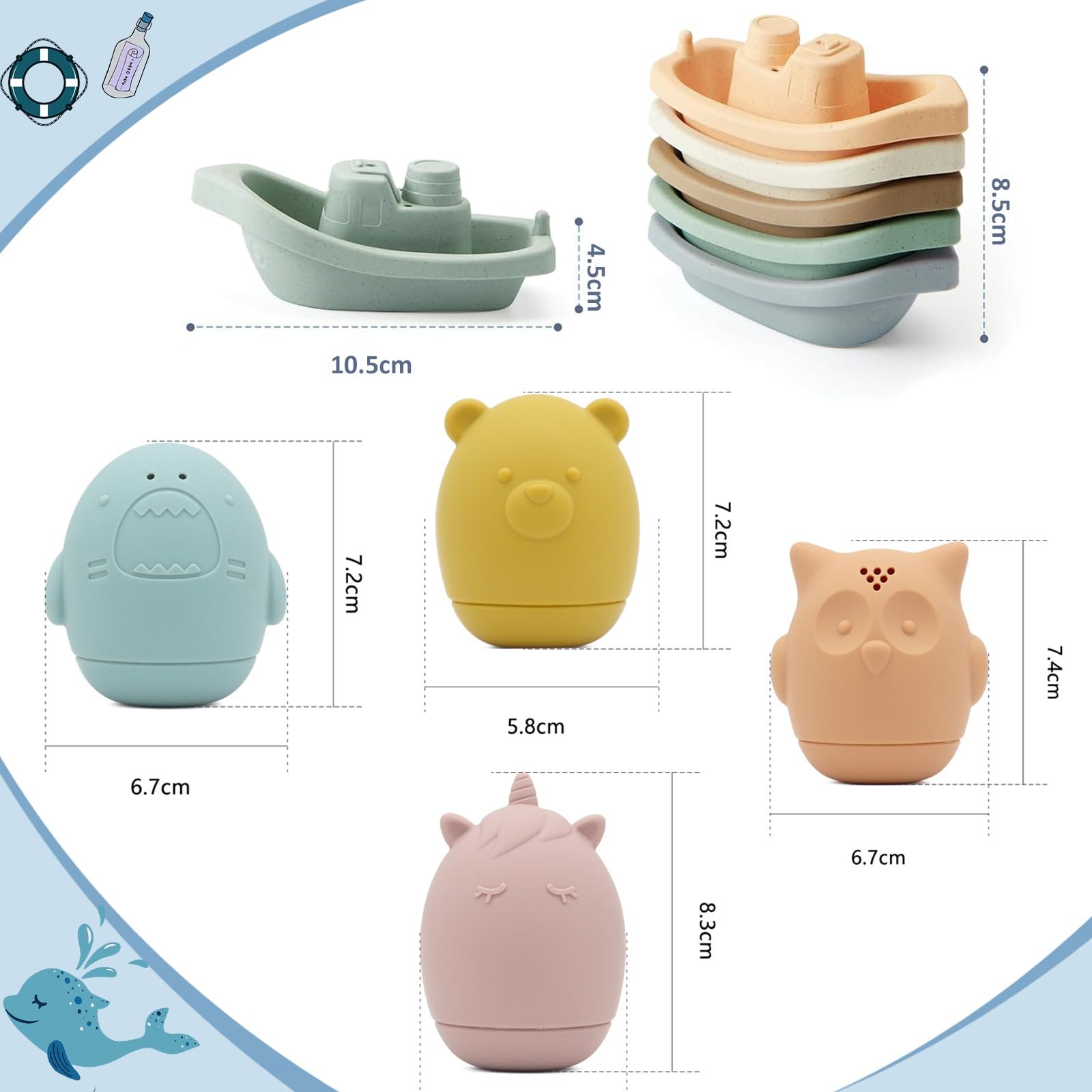 Набор игрушек для ванны: 4 брызгающиеся животные + 5 челноков из безопасного силикона, фото №3