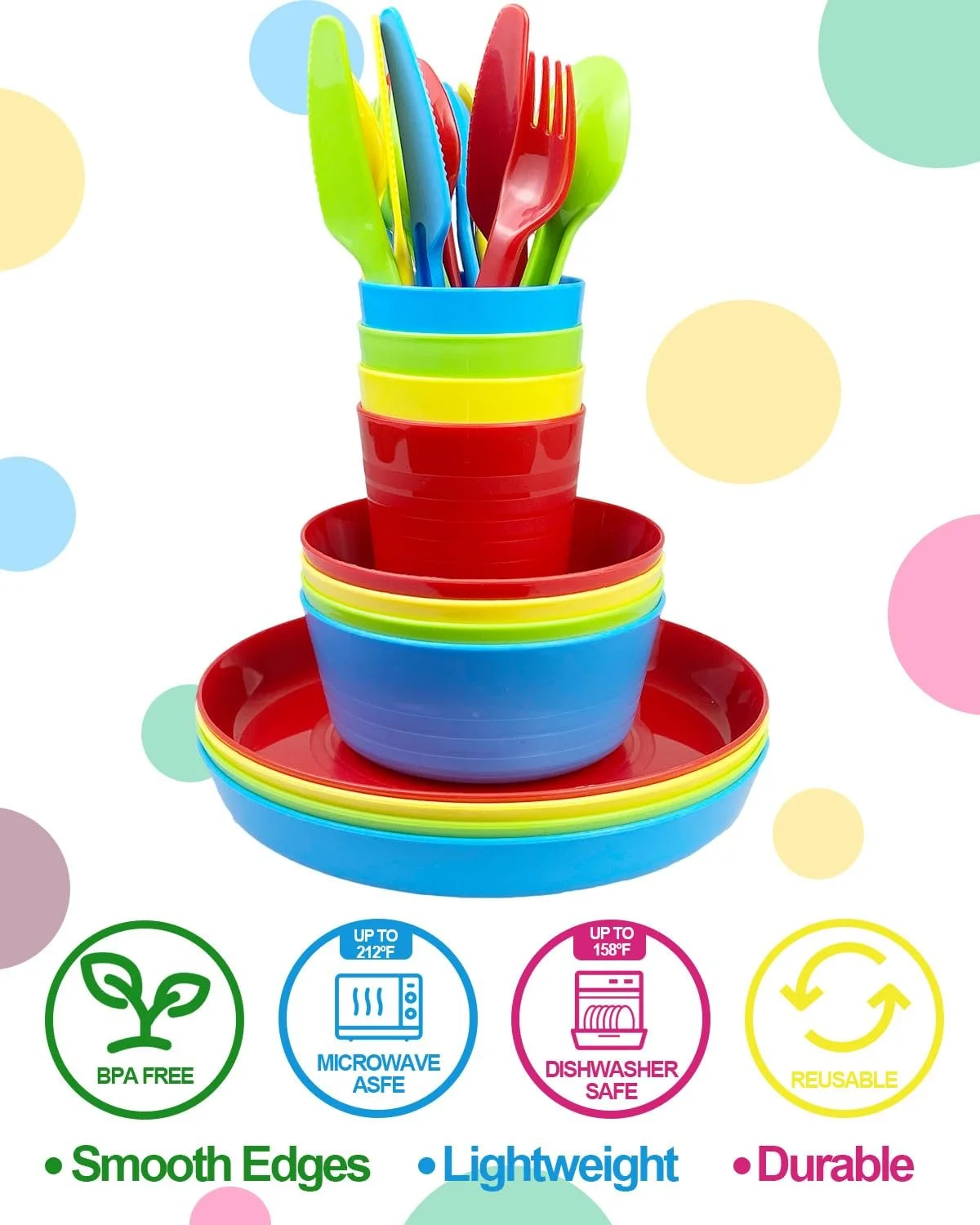 Набор детской посуды WAIZHIUA 24 предмета, пластик без BPA, 4 цвета, фото №3