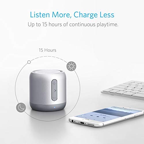 Колонка Anker SoundCore Mini Bluetooth, компактная колонка с 15 часами воспроизведения, 20 метров дальность Bluetooth, FM-радио и интенсивный бас серебристый (восстановленный), фото №5
