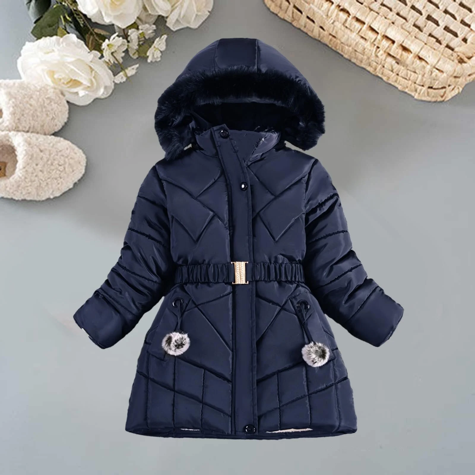 Унисекс детская зимняя куртка Quilted, ветрозащитная, теплая зимняя куртка с меховым капюшоном, хлопковая куртка, классическая куртка с капюшоном, зимняя парка средней длины с поясом, фото №4