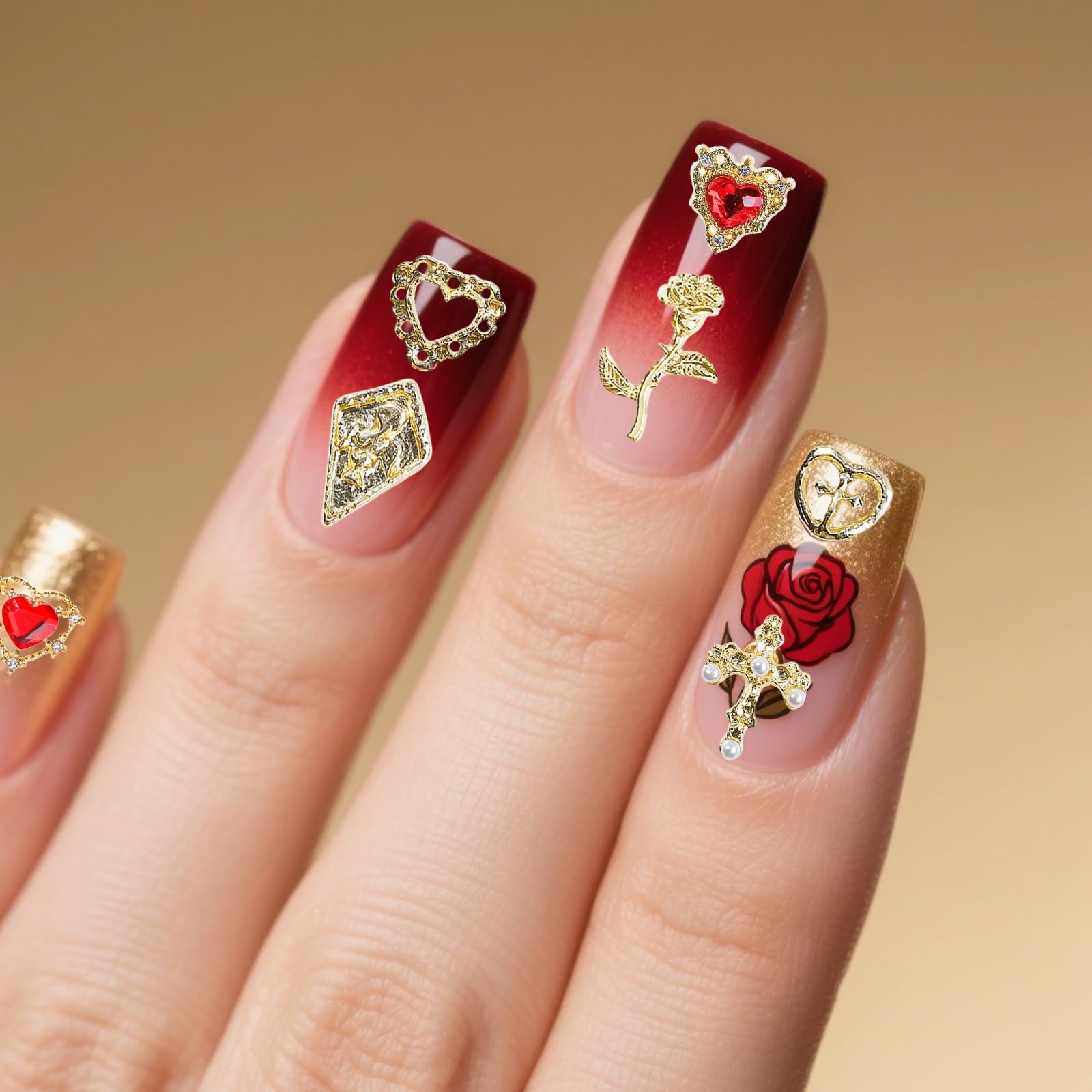 3D Украшения для ногтей Золото, 60 шт Дева Мария, розы, кресты, рубины и сердца, фото №5
