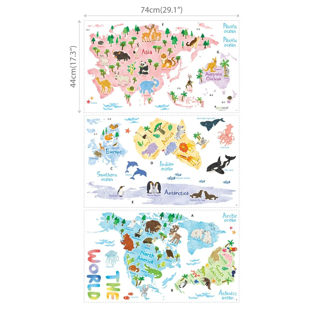 Наклейка на стіну DECOWALL DL3-1615 Карта світу з тваринами Extra Large 140 x 106 см (англійська версія), фото №5 Наклейка на стіну DECOWALL DL3-1615 Карта світу з тваринами Extra Large 140 x 106 см (англійська версія), фото №5