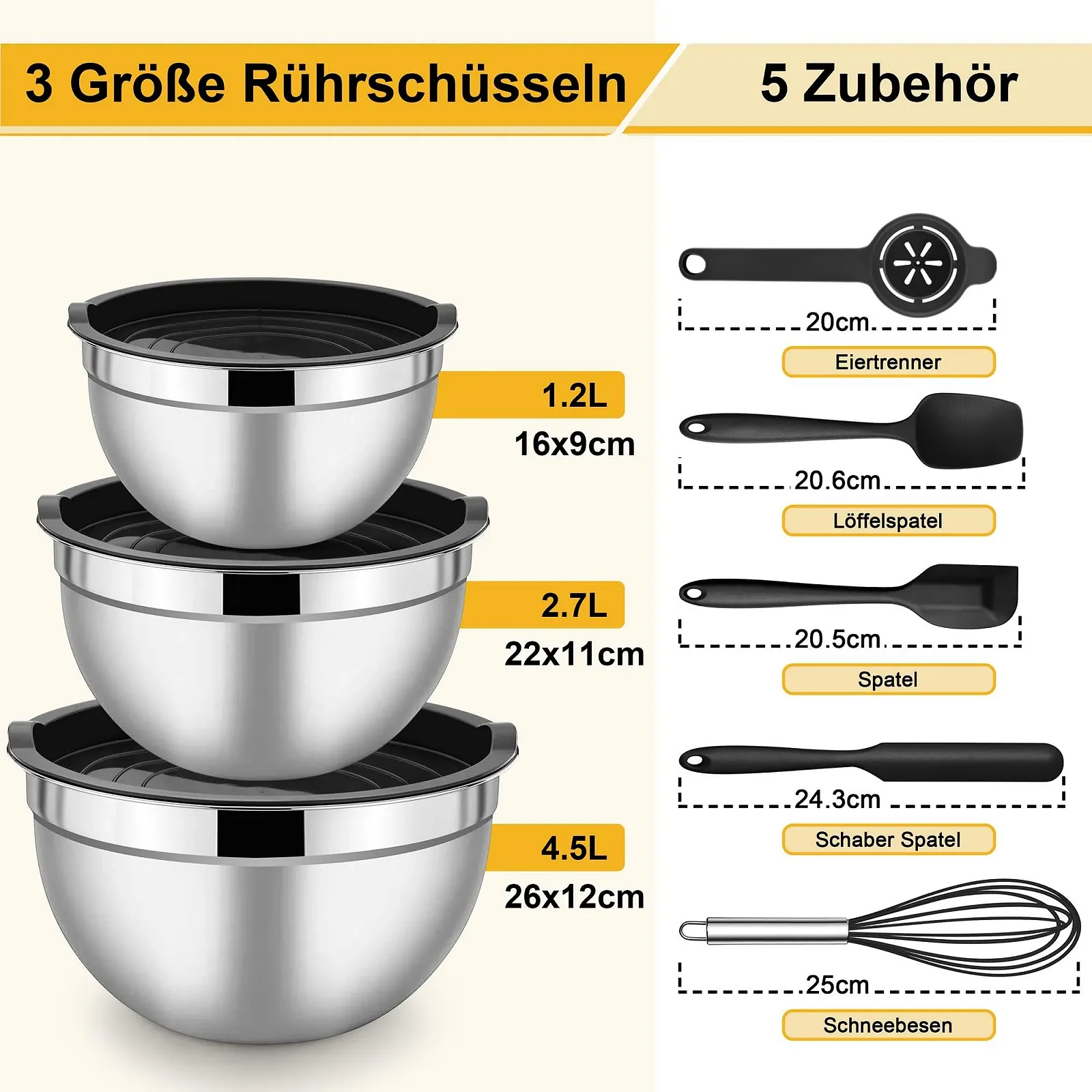 Набір мисок Herogo 3 шт нержавіюча сталь з кришками та 5 аксесуарами 1.2 л / 2.7 л / 4.5 л 8 шт, фото №2 Набір мисок Herogo 3 шт нержавіюча сталь з кришками та 5 аксесуарами 1.2 л / 2.7 л / 4.5 л 8 шт, фото №2