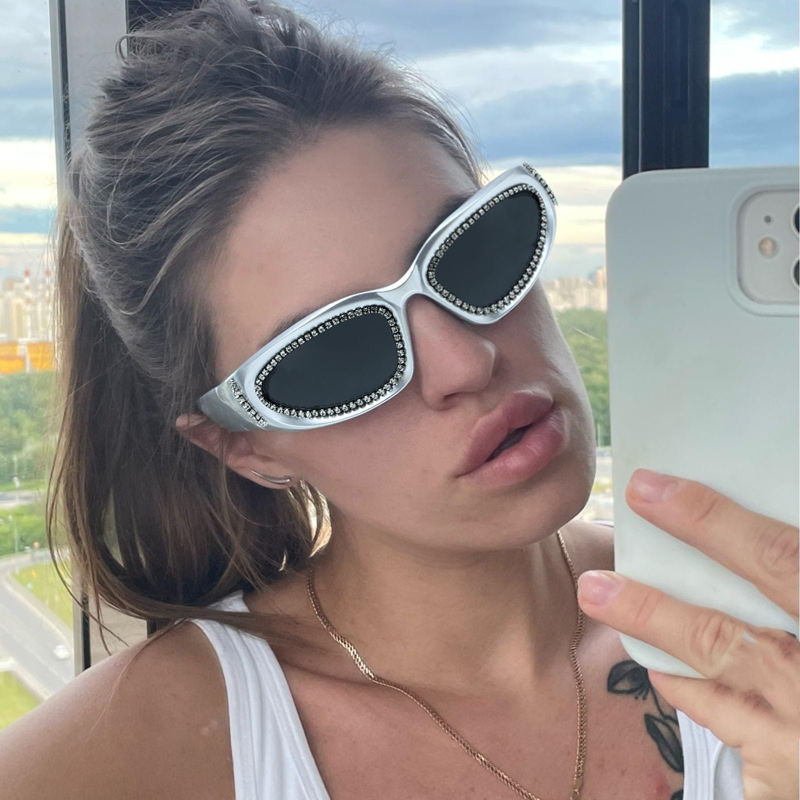 Сонцезахисні окуляри Y2K LJCZKA Wrap Around Rhinestone для жінок та чоловіків, модні овальні, фото №3