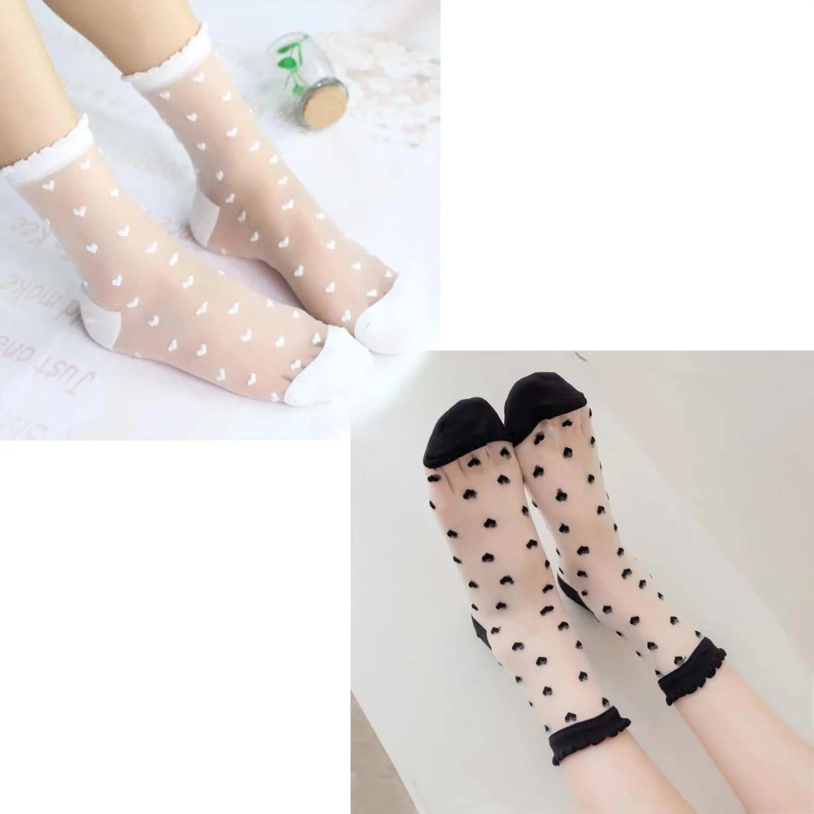 Носки Прозрачные с узором в форме сердца, 6 пар летних носков с рюшами до щиколотки, тонкие чулки, прозрачные сетчатые носки для женщин и девушек Черный + Белый, фото №6