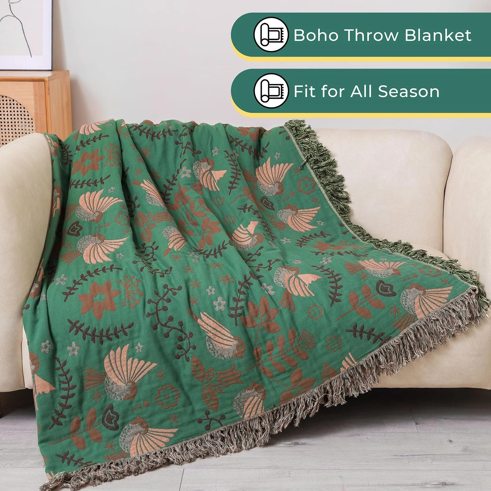 Покривало HOORDRY Багатоцільове Осіннє, З органічної бавовни, З унікальними малюнками птахів та квітів, фото №7