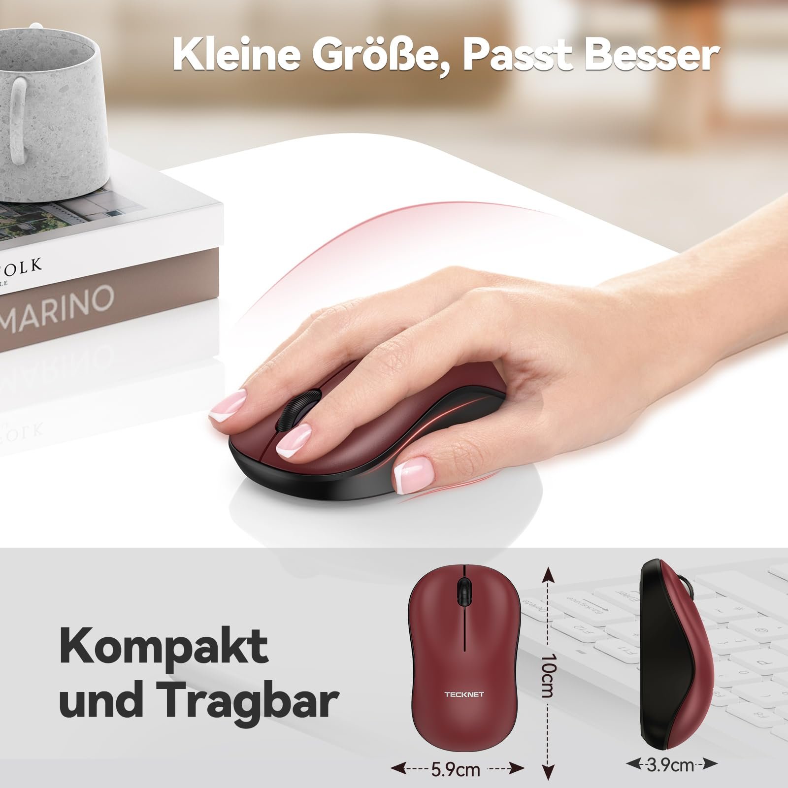 Мышь беспроводная TECKNET 3200 DPI оптическая для левшей и правшей 2,4 GHz с USB Nano приемником Красная, фото №3