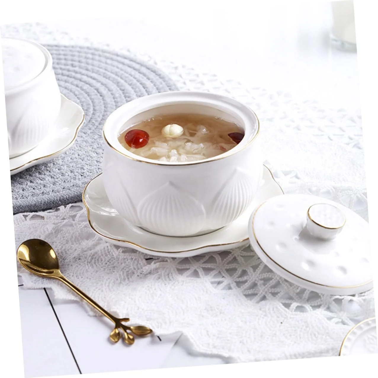 Керамічна каструля для тушкування маленька з кришкою та ложкою біла, фото №6