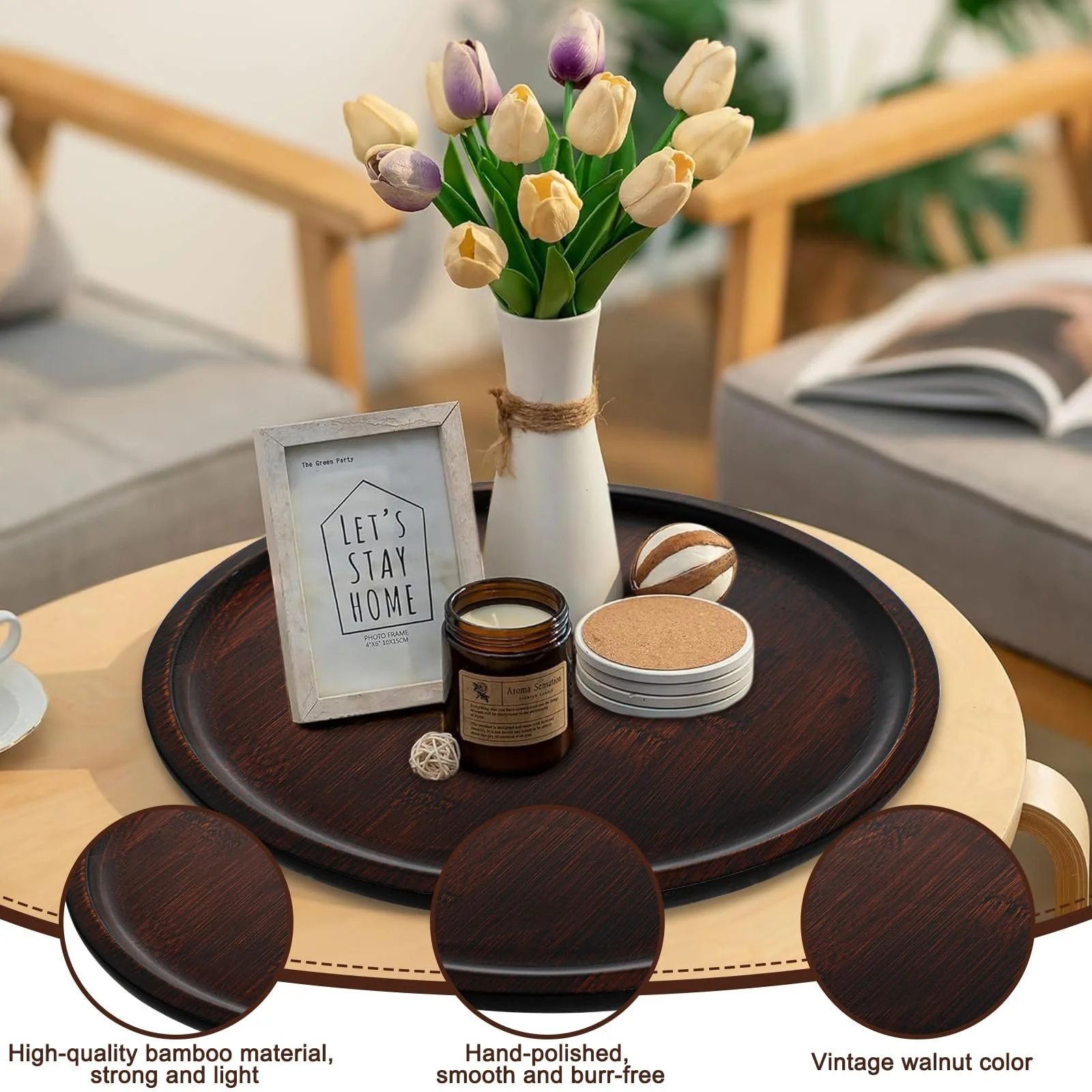 Піднос Hisdricus Круглий дерев'яний Декоративний Бамбуковий 30 см Коричневий, фото №4 Піднос Hisdricus Круглий дерев'яний Декоративний Бамбуковий 30 см Коричневий, фото №4