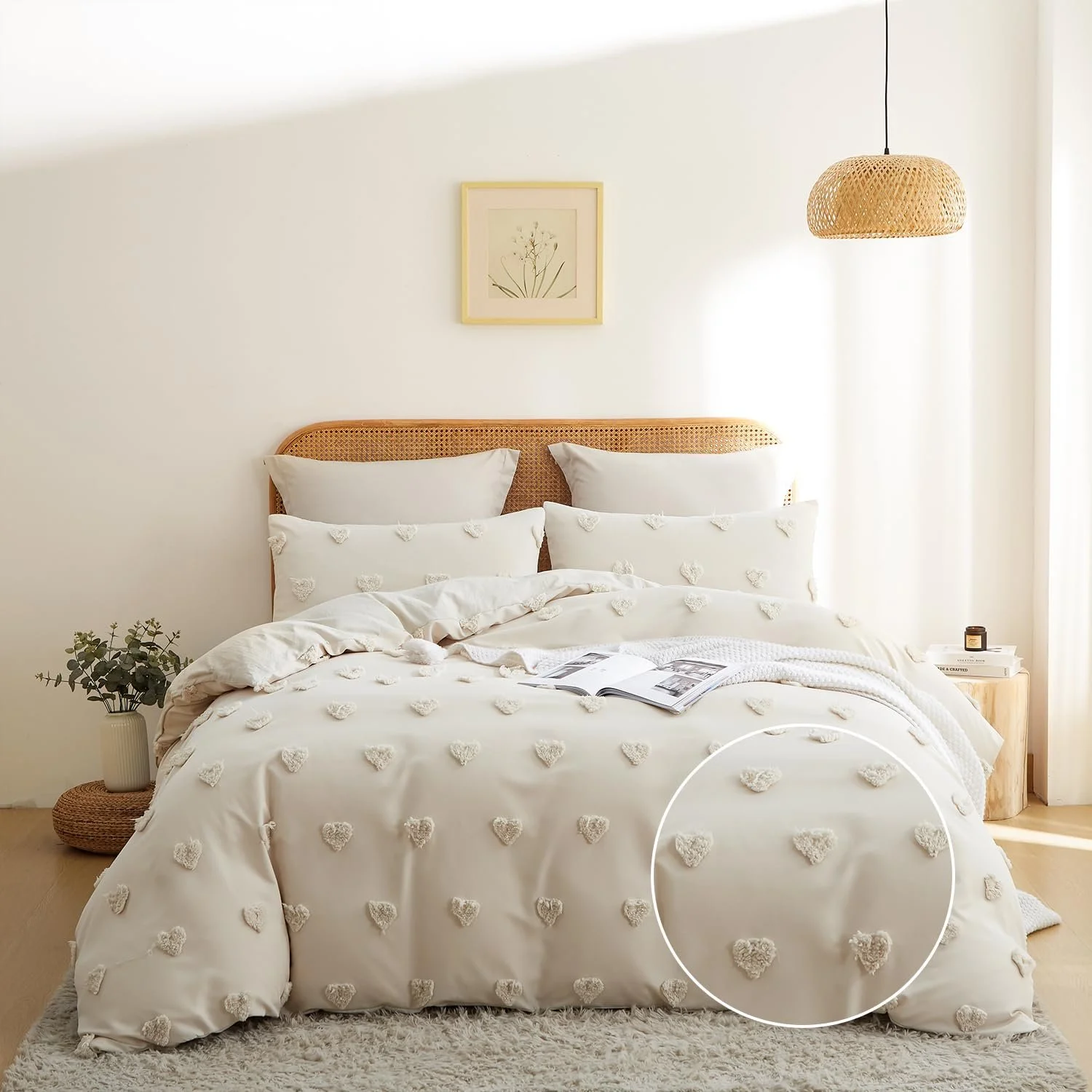 Комплект постільної білизни Freyamy Bohemian Tufted Heart 135 x 200 см + 80 x 80 см, 2 елементи, мікрофібра, на блискавці, бежевий, фото №1