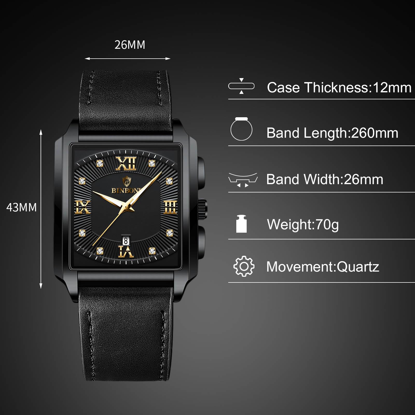 Часы rorios Кварцевые Мужские Квадратные Водонепроницаемые с Бриллиантами Календарь Светящийся Нержавеющая Сталь, фото №5